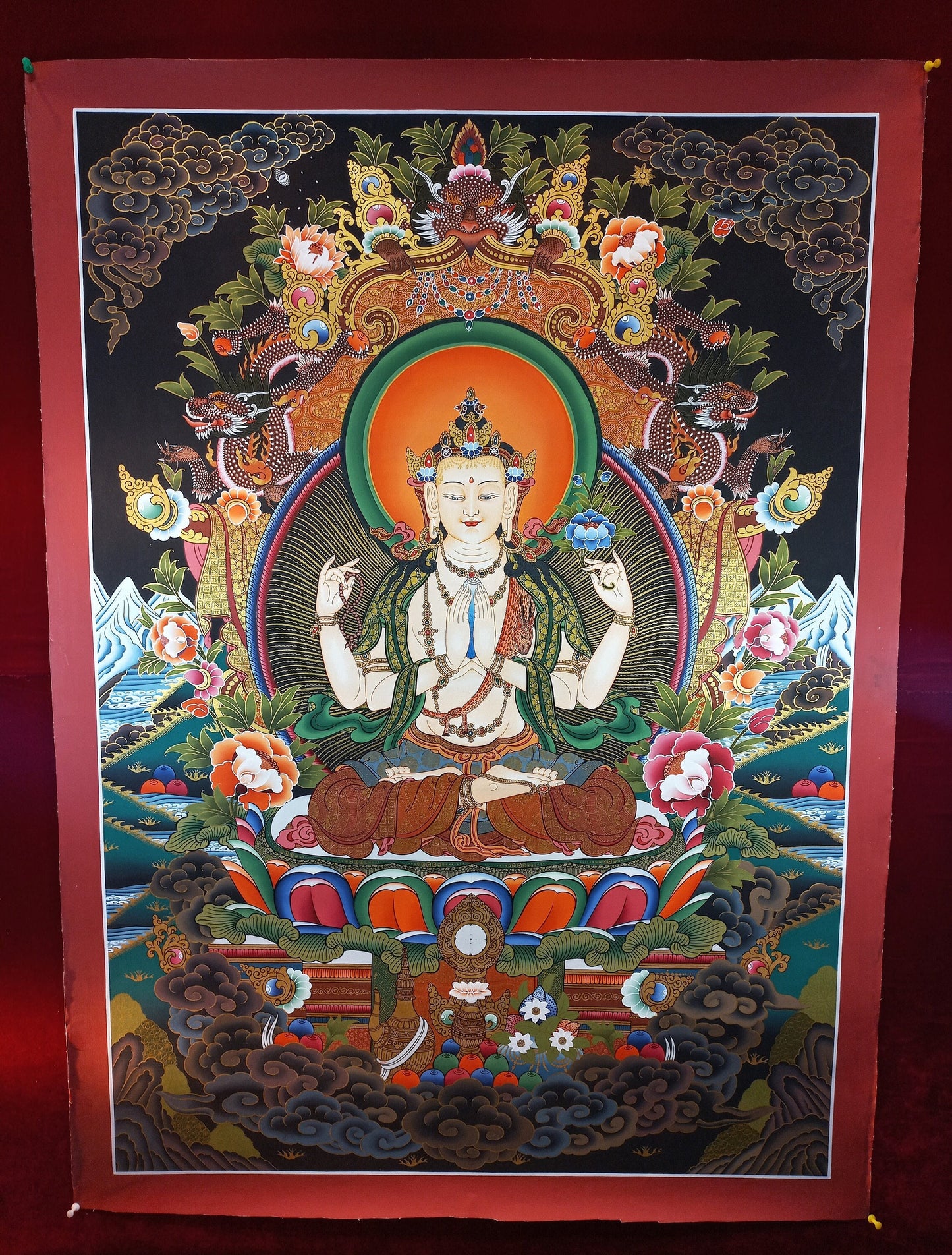 Hand Painted Chenrezig Large Thangka: Compassion Buddha, Tibetan Art