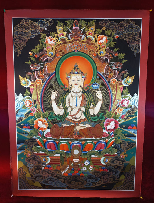 Hand Painted Chenrezig Large Thangka: Compassion Buddha, Tibetan Art