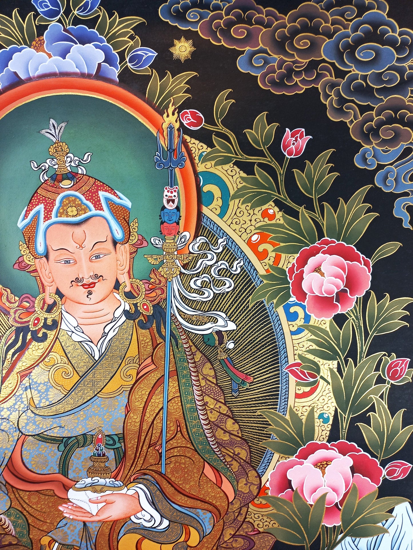 Hand-Painted Guru Rinpoche Thangka Painting: Gold Tibetan Art