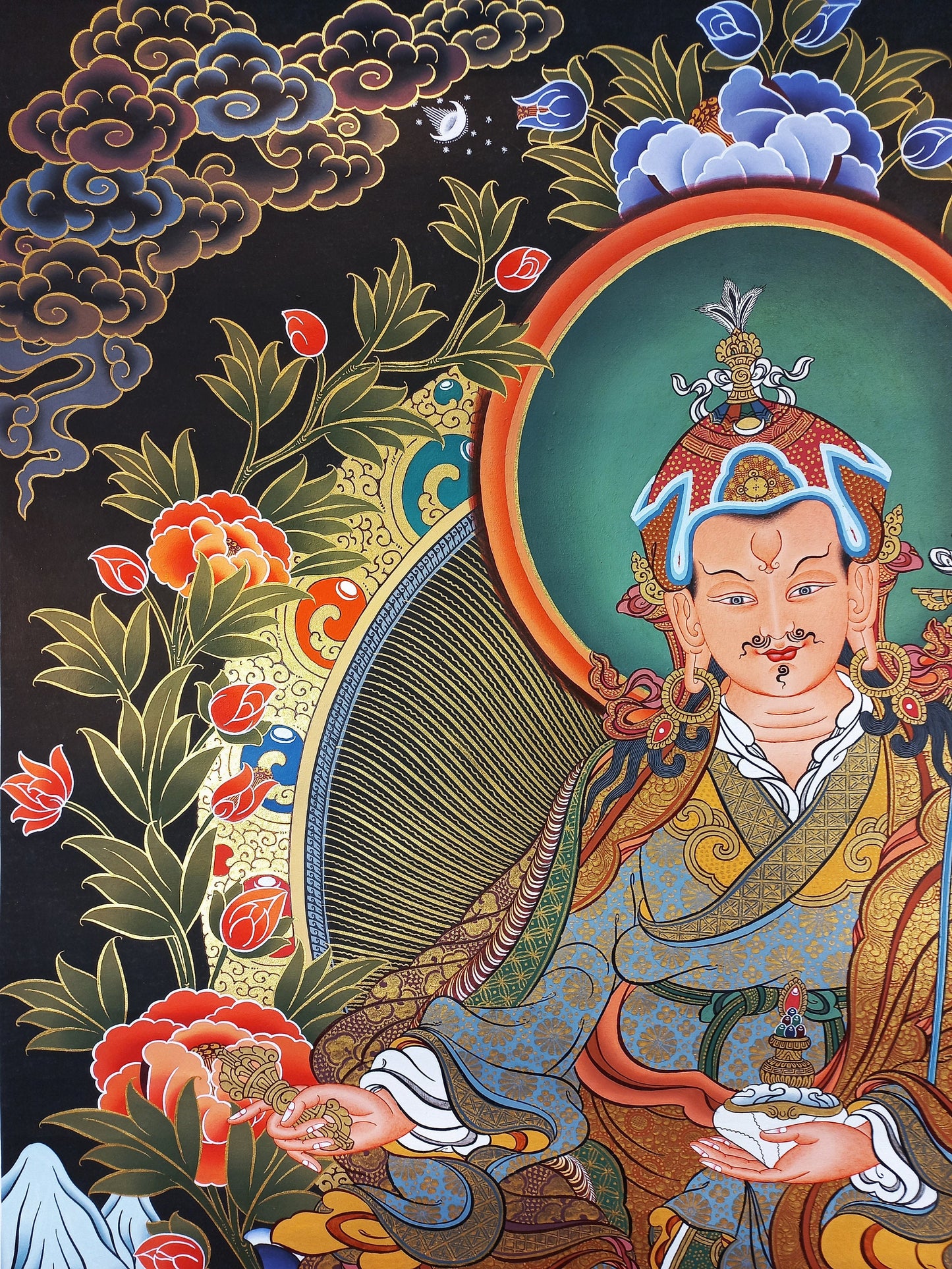 Hand-Painted Guru Rinpoche Thangka Painting: Gold Tibetan Art