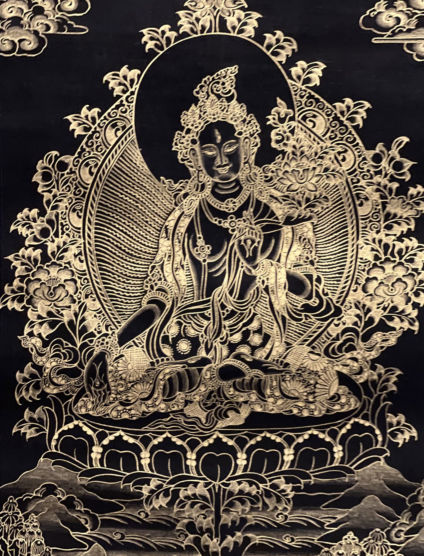 White Tara Tibetan Thangka | Black and Gold Buddhist Art