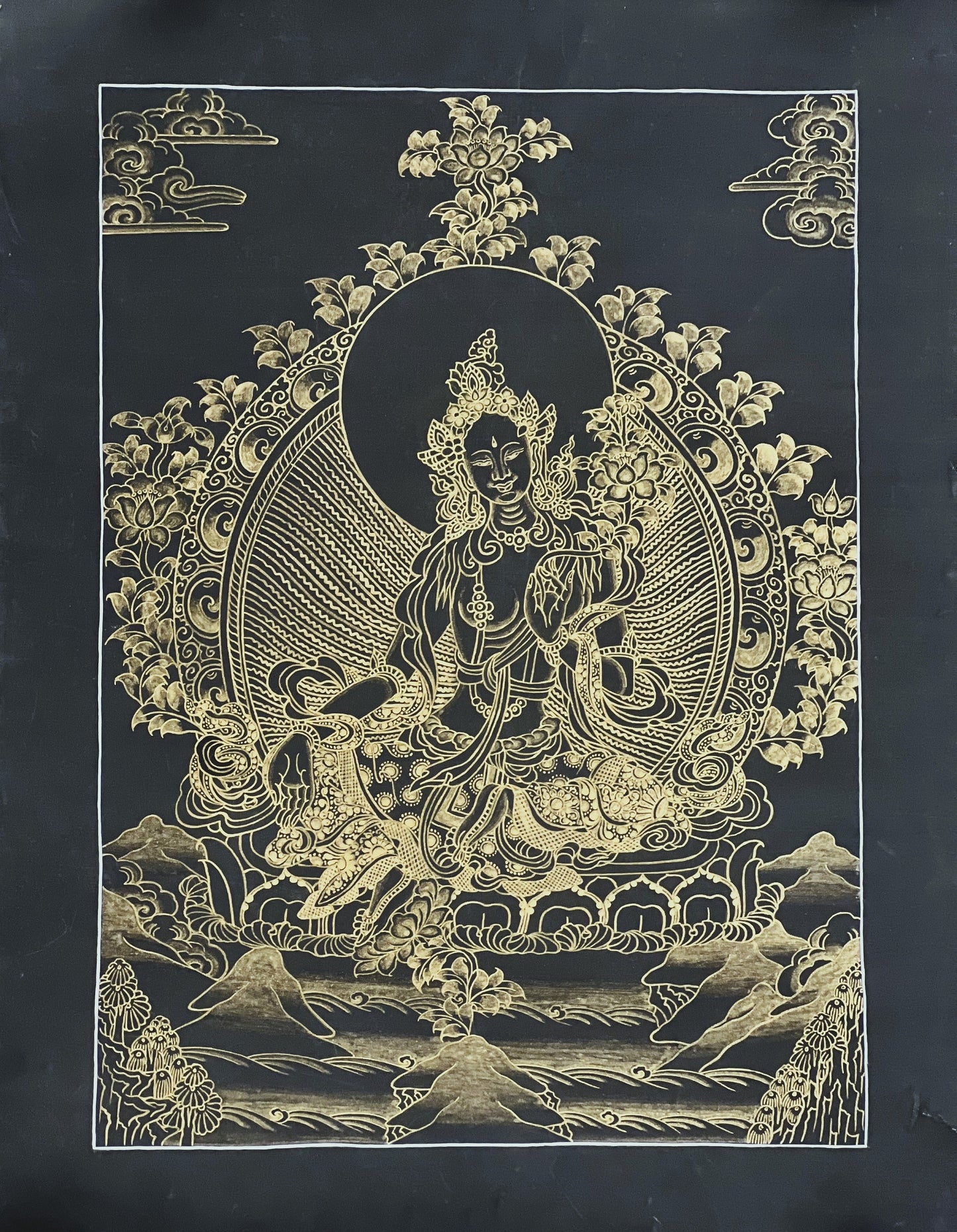 Green Tara Tibetan Thangka Black Gold | Hand-Painted Buddhist Goddess Art | Compassion Healing Decor