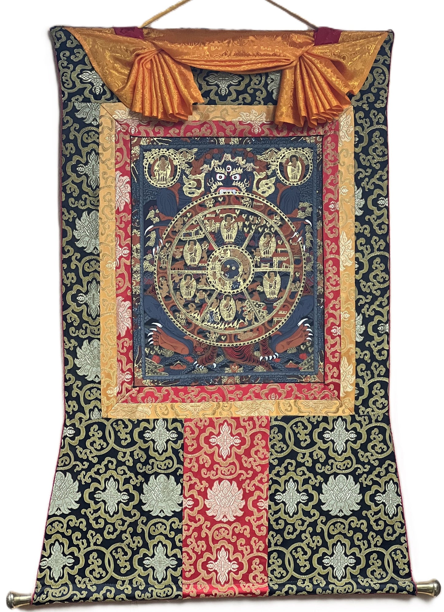 Original Hand-painted Bhavachakra/ Samsara  Wheel of Life Mandala/ Tibetan Thangka Painting with Silk Brocade