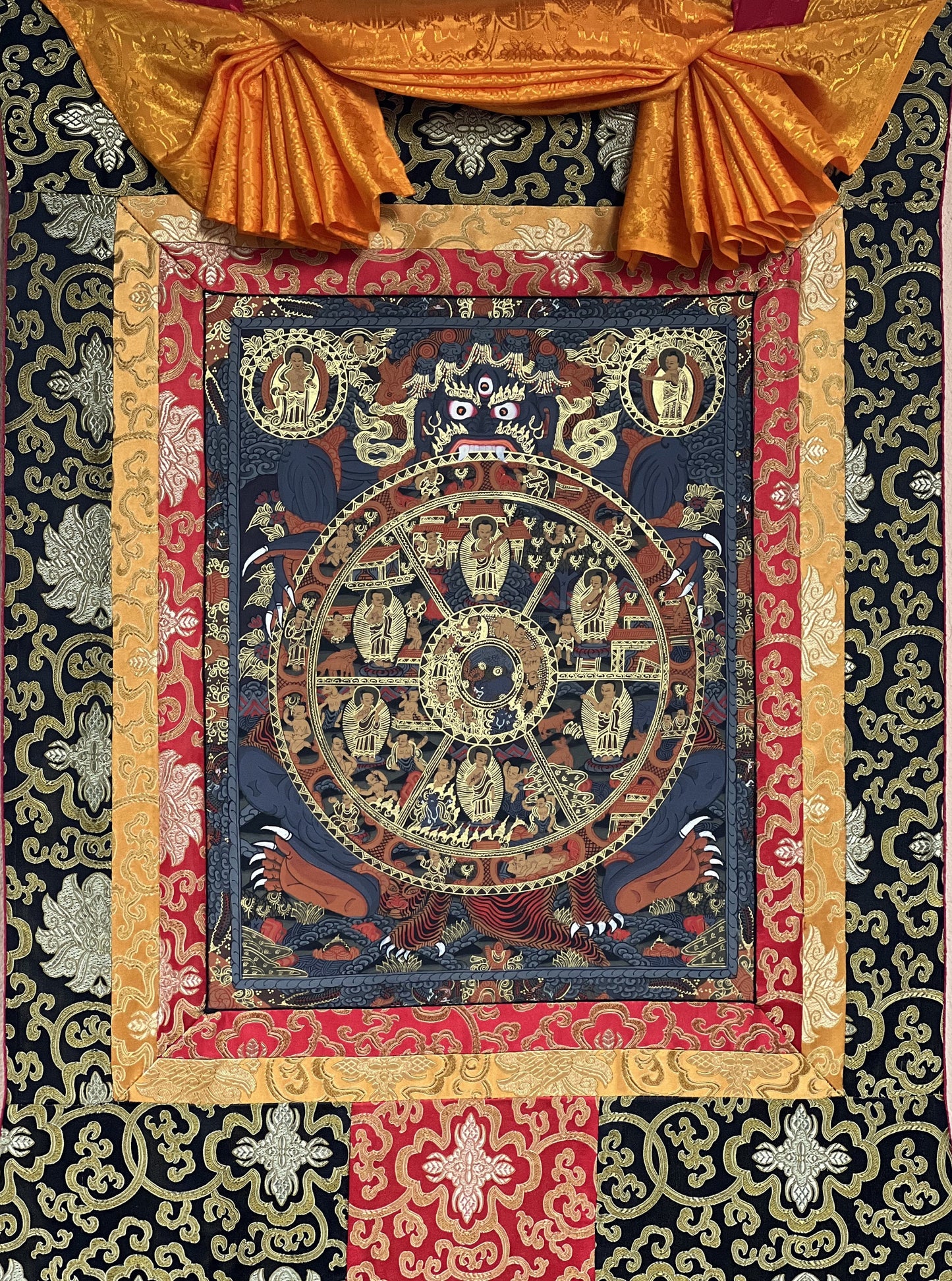 Original Hand-painted Bhavachakra/ Samsara  Wheel of Life Mandala/ Tibetan Thangka Painting with Silk Brocade
