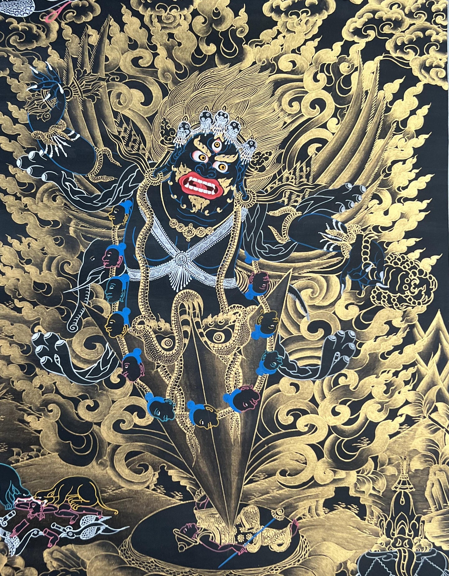 Guru Dragpo Thangka Painting, Black and Gold Vajra Armor Art