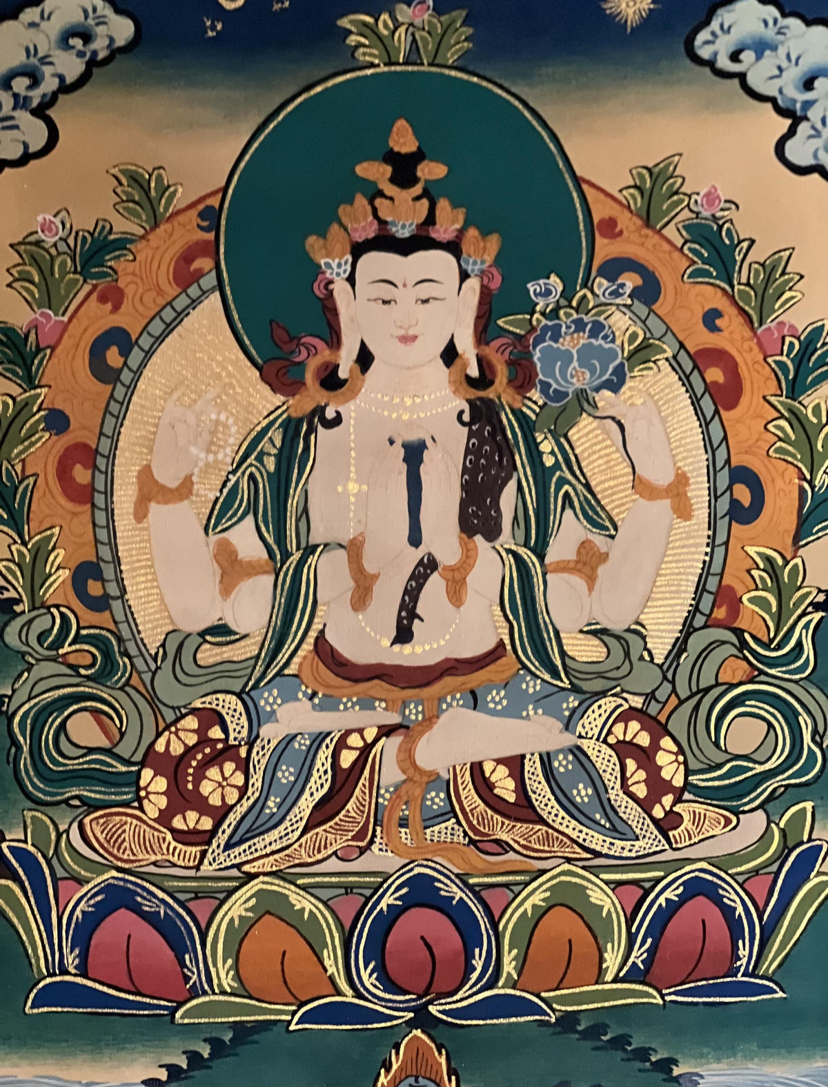Handmade Avalokiteshvara Thangka Painting with Silk Brocade
