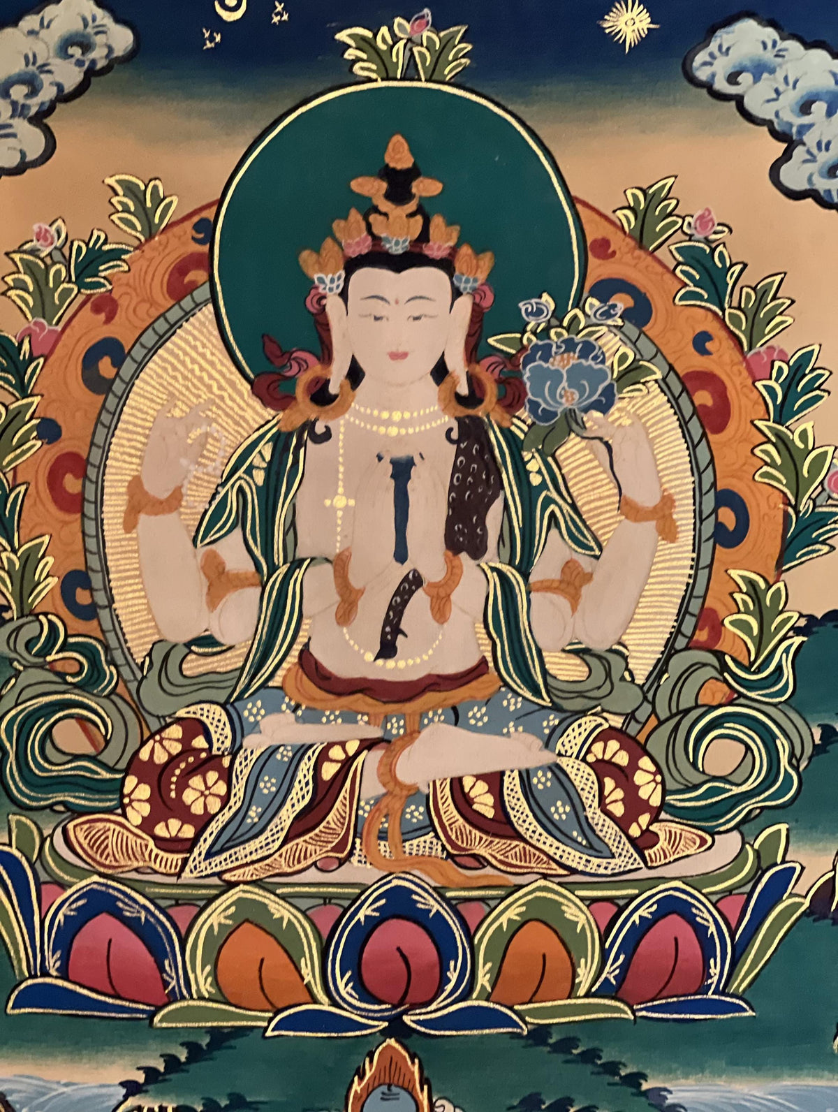 Handmade Avalokiteshvara Thangka Painting with Silk Brocade