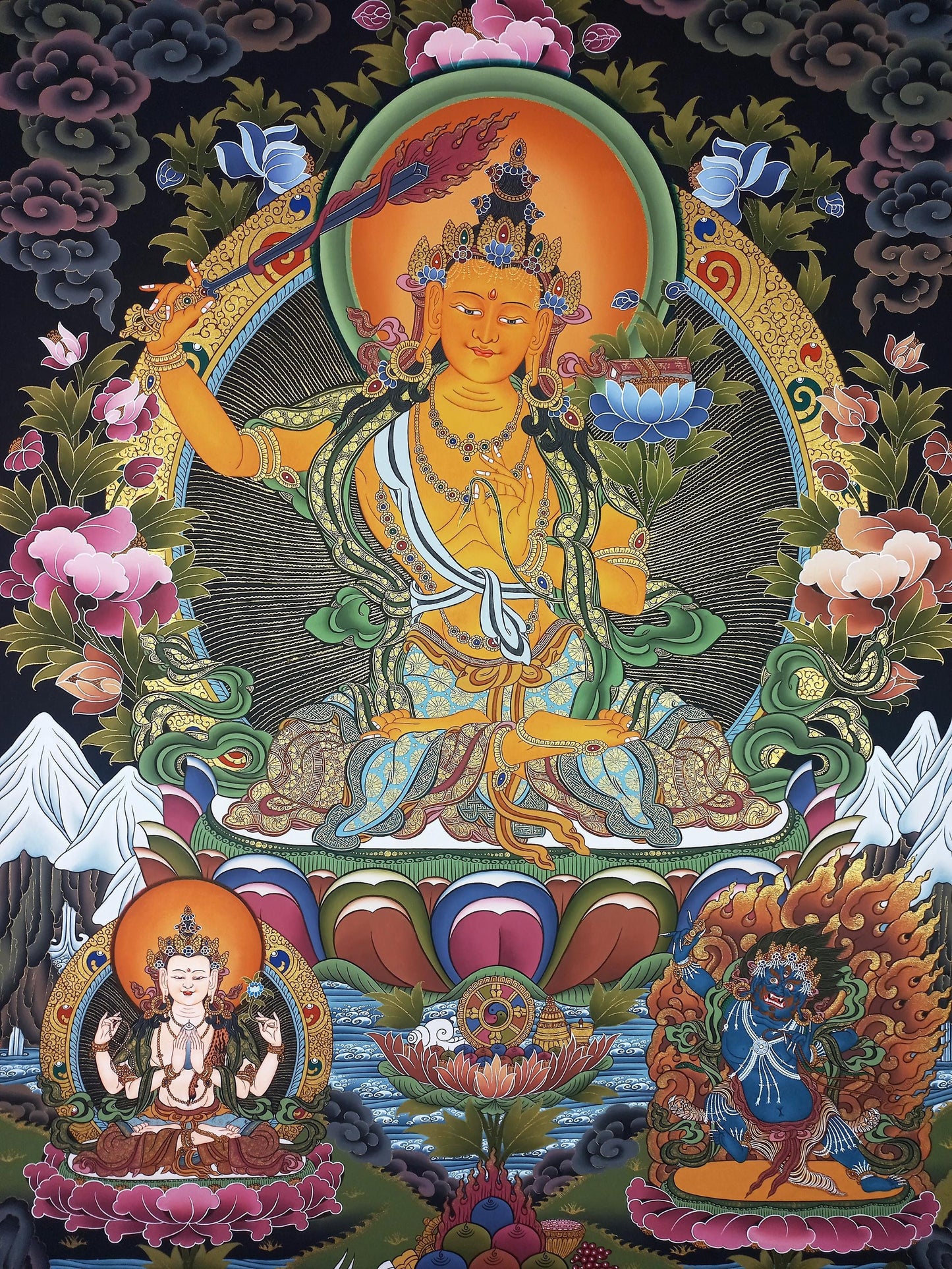 Manjushri (Jampelyang) LARGE Tibetan Thangka | Bodhisattva of Wisdom | Hand-Painted Masterpiece | Gold Painting | Enlightenment Art