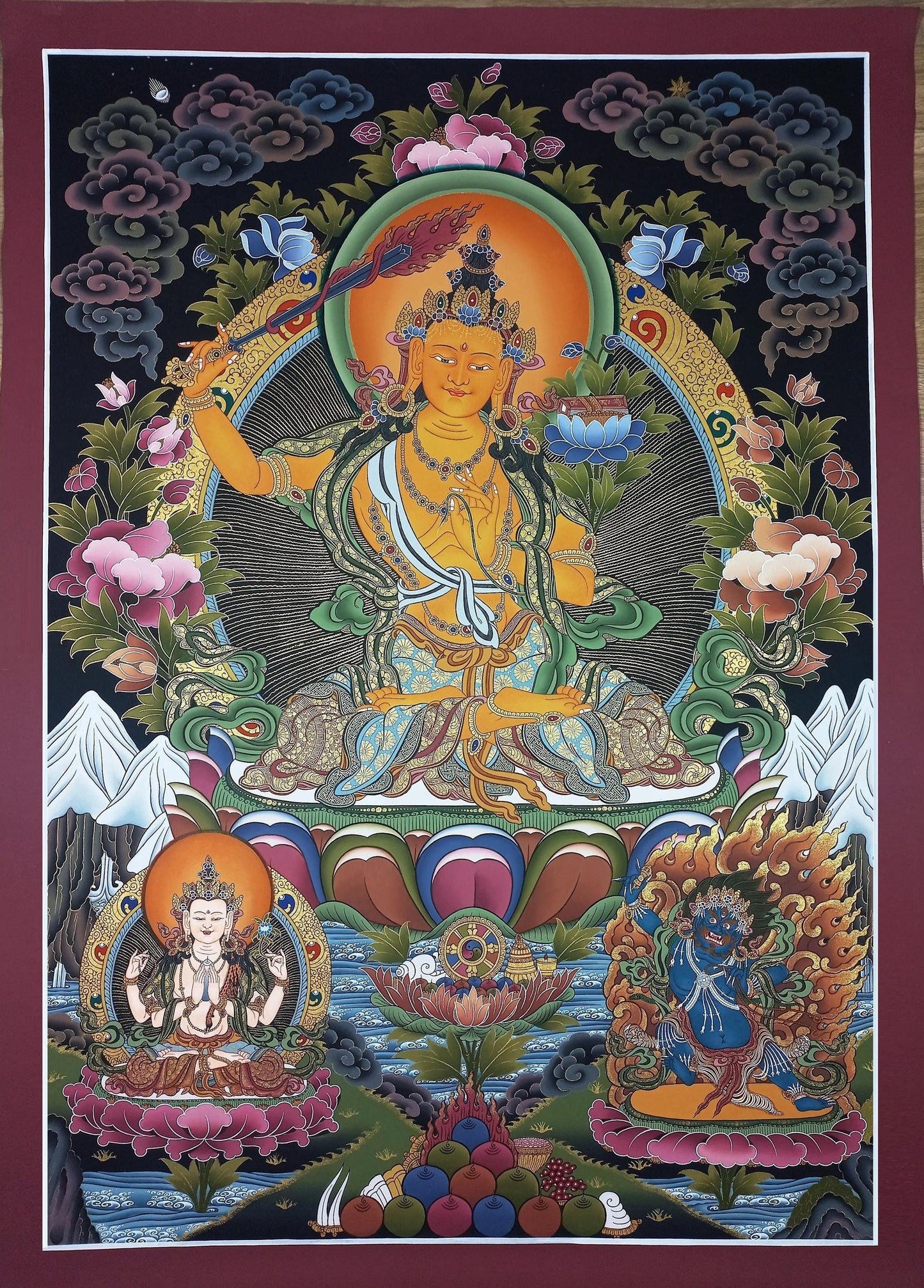 Manjushri (Jampelyang) LARGE Tibetan Thangka | Bodhisattva of Wisdom | Hand-Painted Masterpiece | Gold Painting | Enlightenment Art