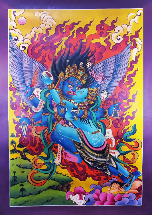 Vajrakilaya/ Vajrakila/Phurbakilaya/ Dorje Phurba Original Hand-painted  Masterpiece Smoky Tibetan Thangka Painting/ Tantric Deity