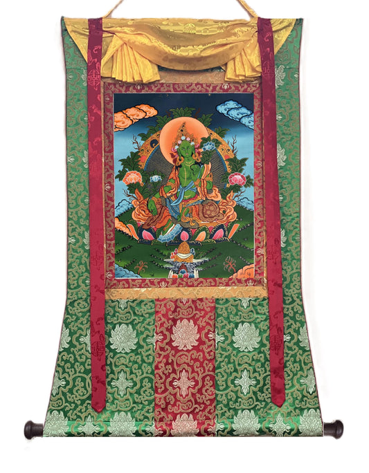 Hand-Painted Green Tara Tibetan Thangka Painting, Meditation Art
