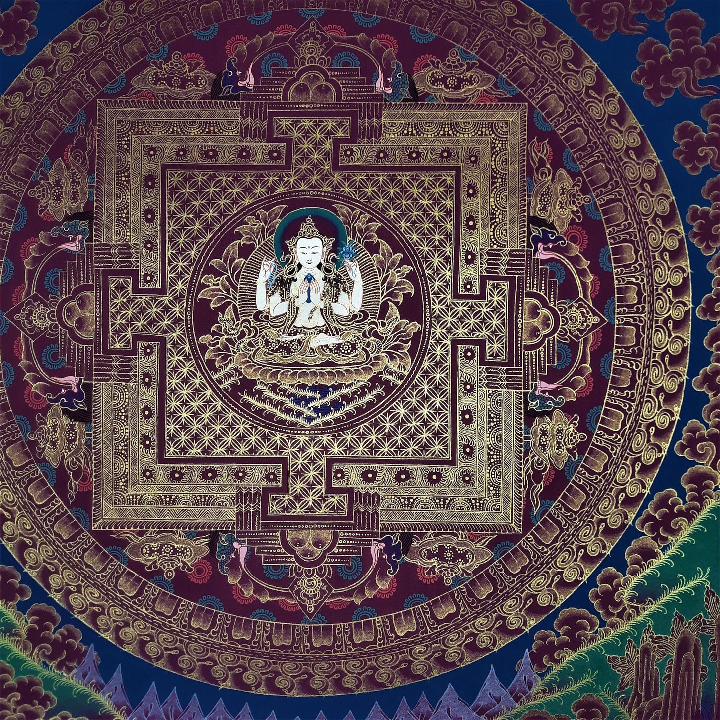 Hand-Painted Chenrezig Mandala, Black and Gold Tibetan Thangka