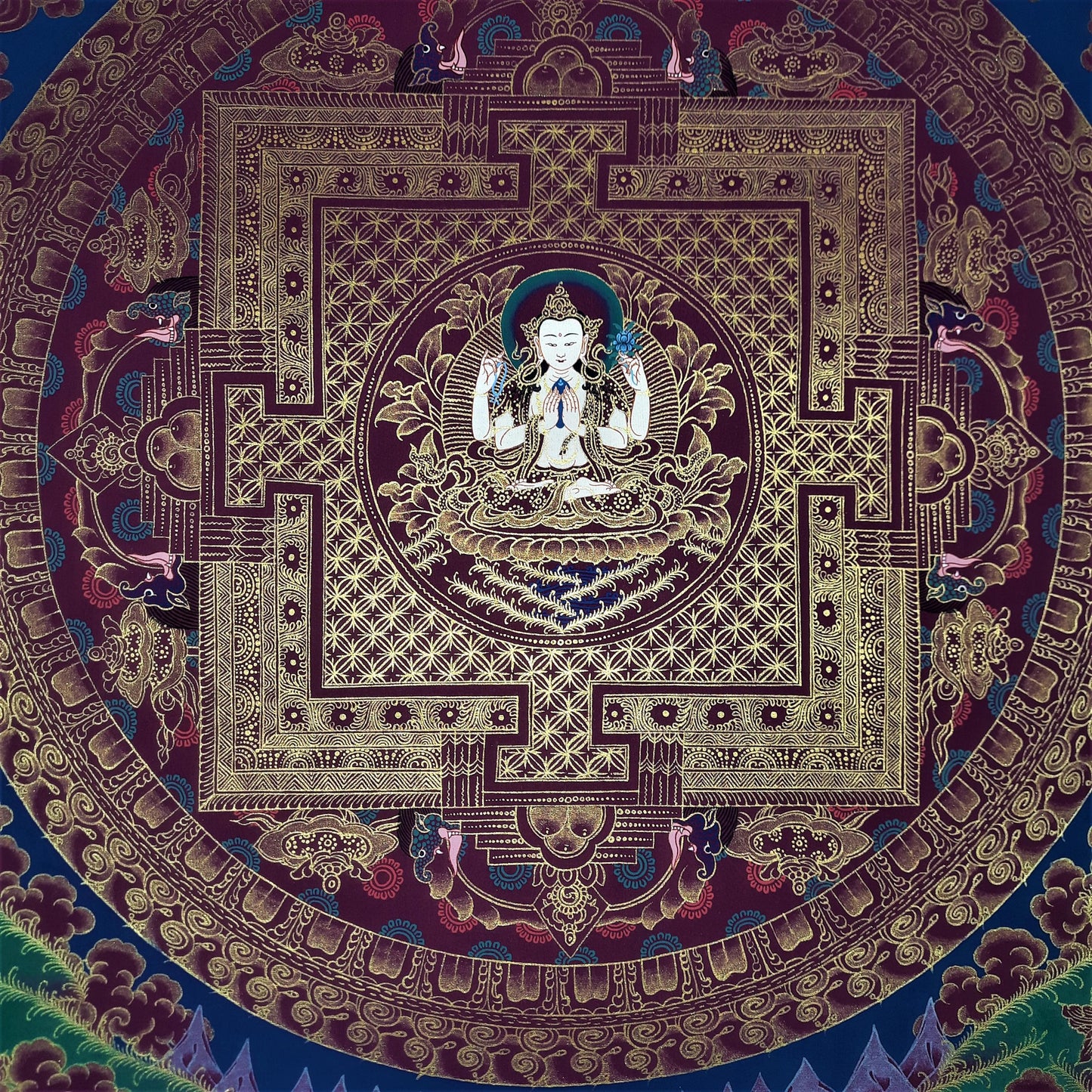 Hand-Painted Chenrezig Mandala, Black and Gold Tibetan Thangka