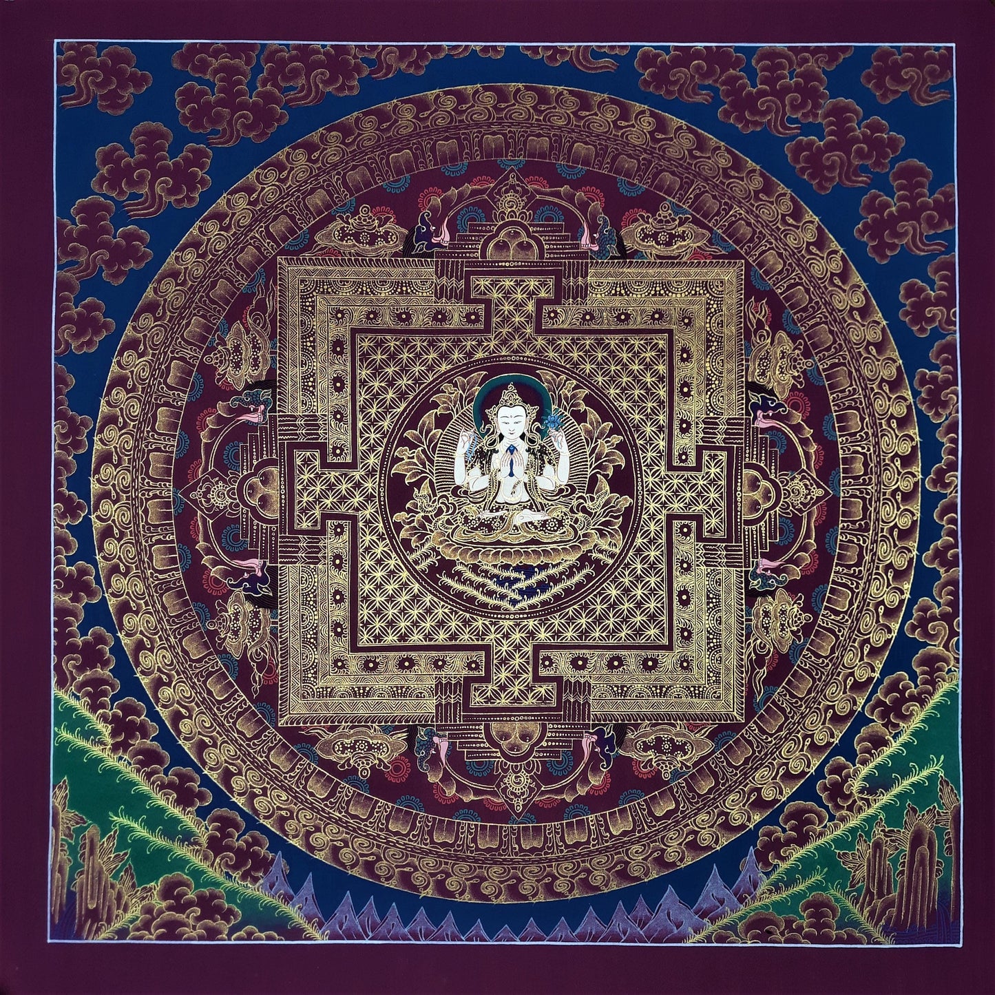 Hand-Painted Chenrezig Mandala, Black and Gold Tibetan Thangka
