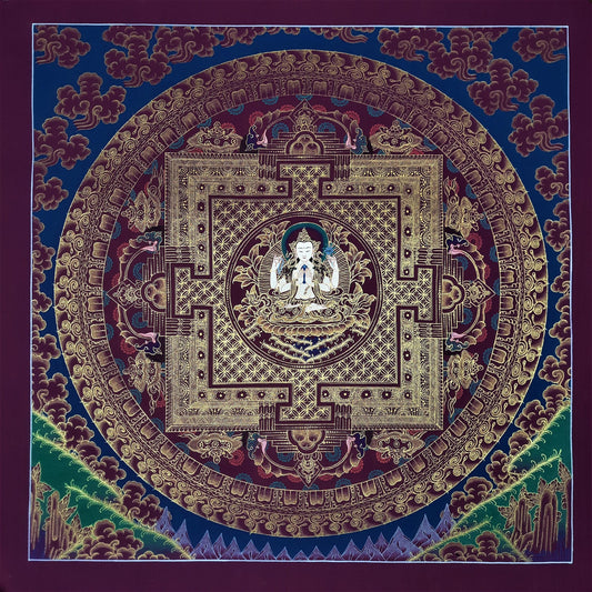 Hand-Painted Chenrezig Mandala, Black and Gold Tibetan Thangka