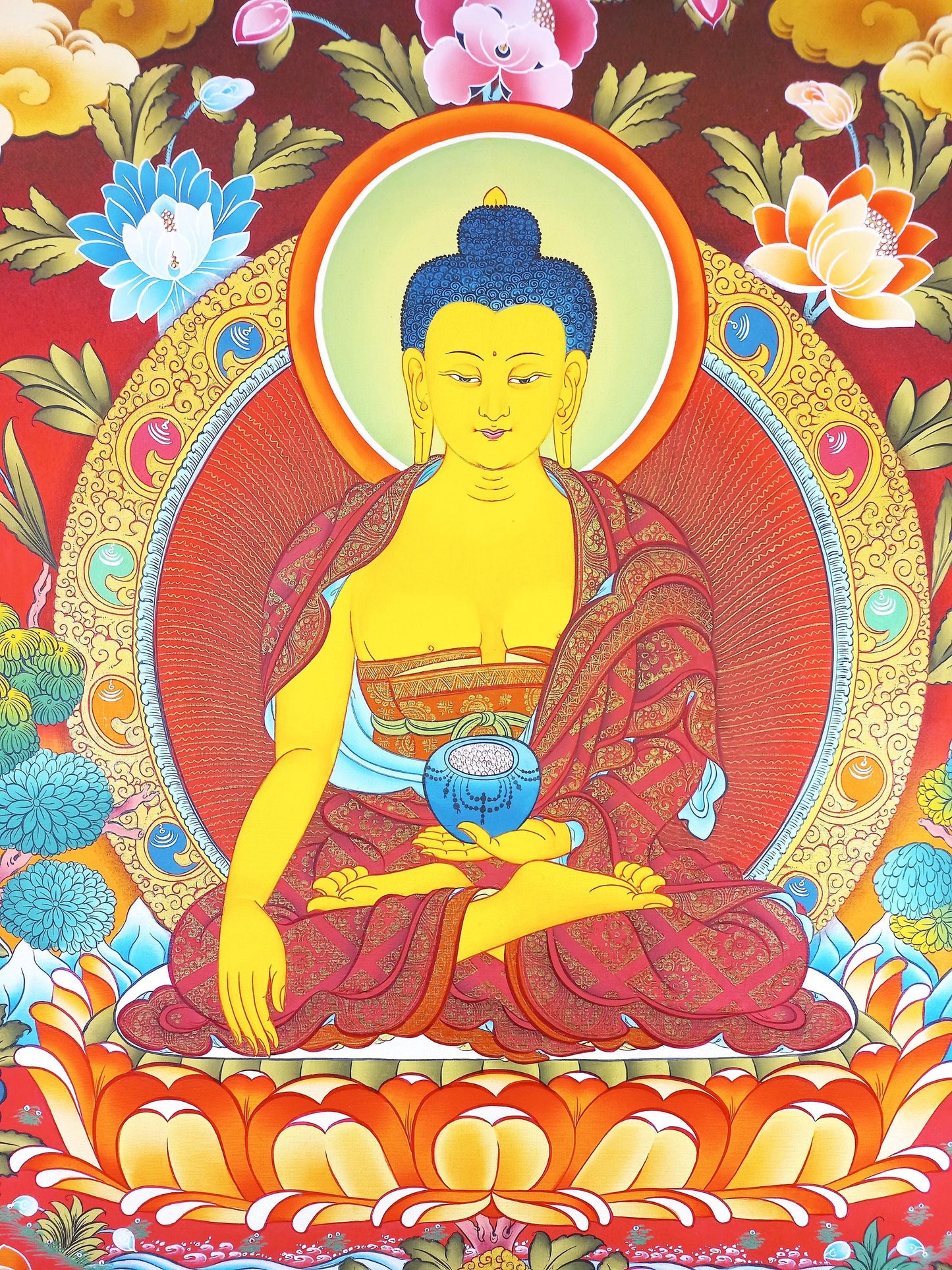 Hand-Painted Shakyamuni Buddha Thangka Painting, 24K Gold Tibetan Art