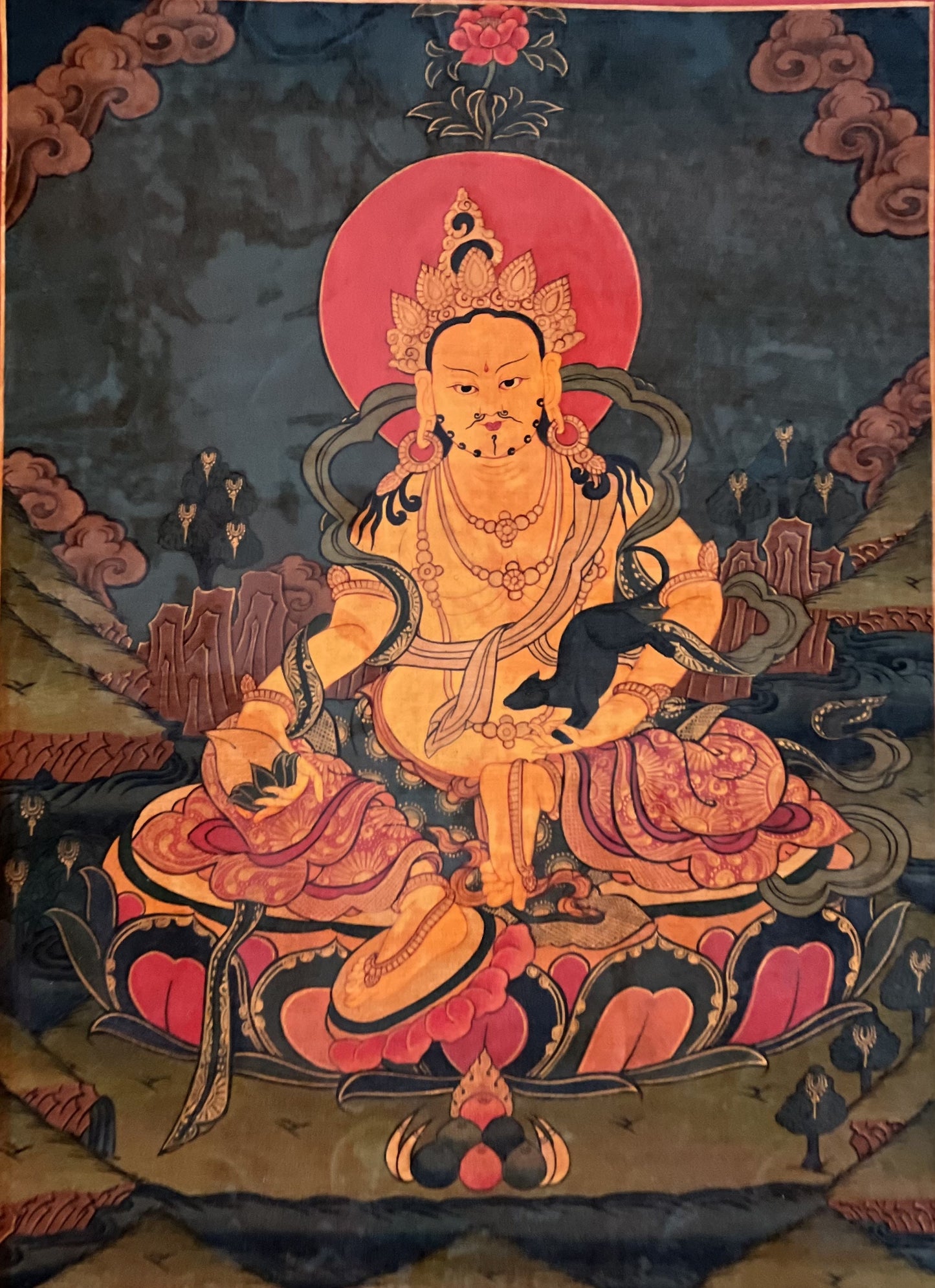 Hand Painted Kubera Thangka – God of Wealth, Tibetan Art with Silk Brocade