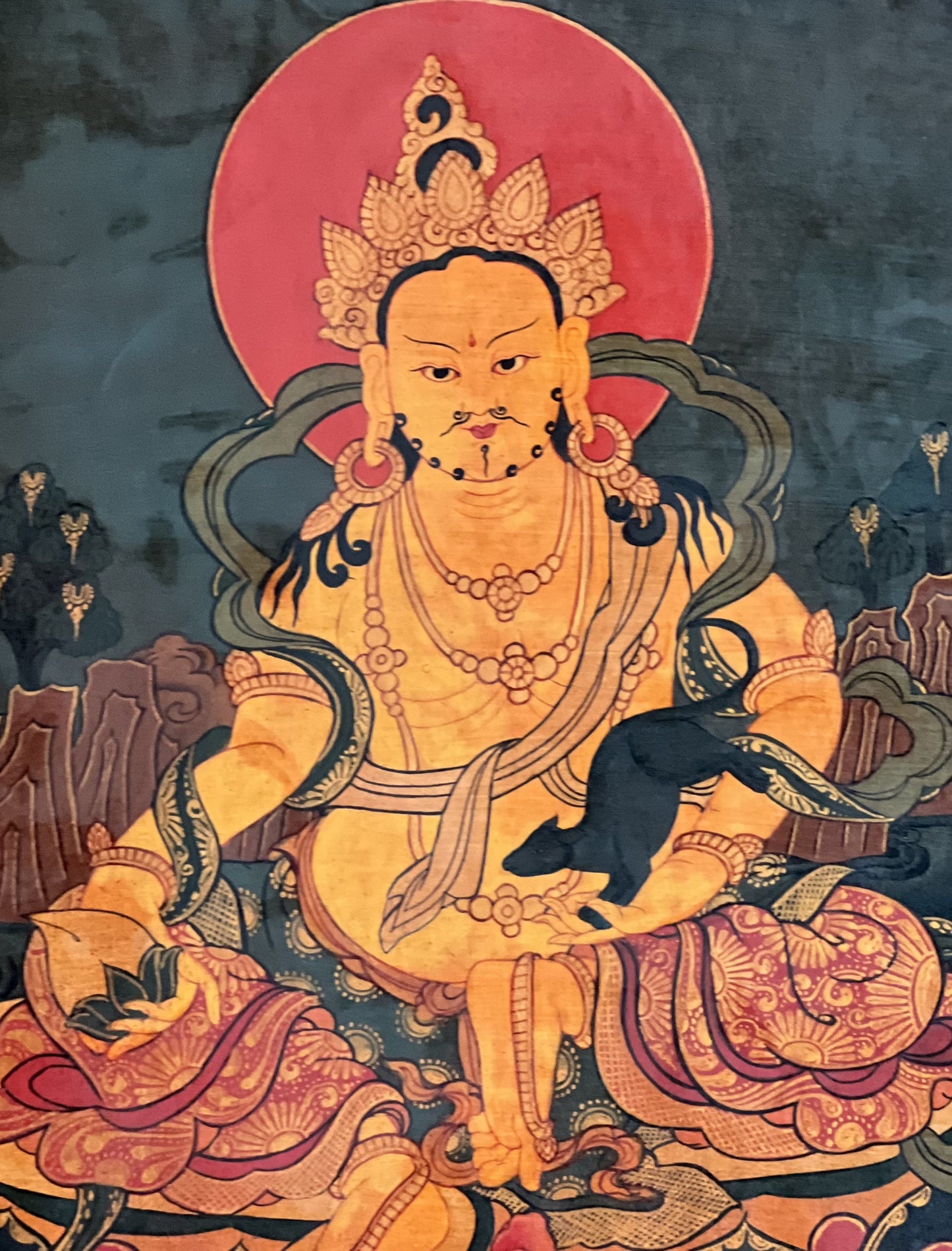 Hand Painted Kubera Thangka – God of Wealth, Tibetan Art with Silk Brocade