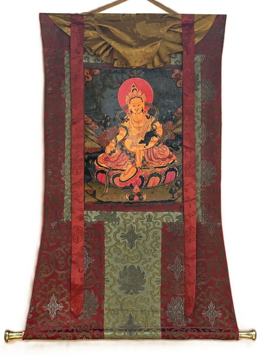 Hand Painted Kubera Thangka – God of Wealth, Tibetan Art with Silk Brocade