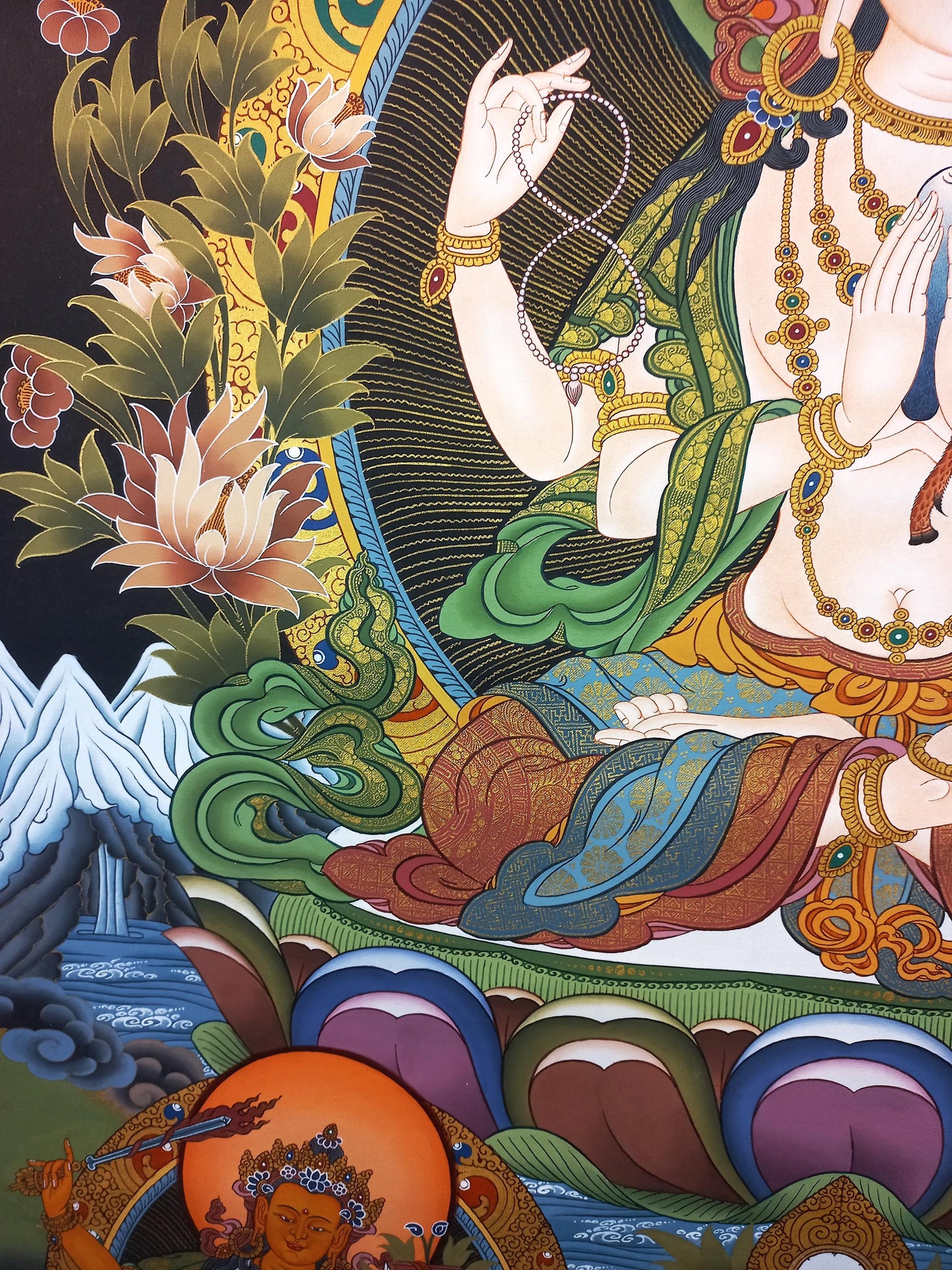 Four-Armed Chenrezig Thangka | Avalokiteshvara Bodhisattva of Compassion | Hand-Painted Tibetan Art | 24K Gold LARGE Painting