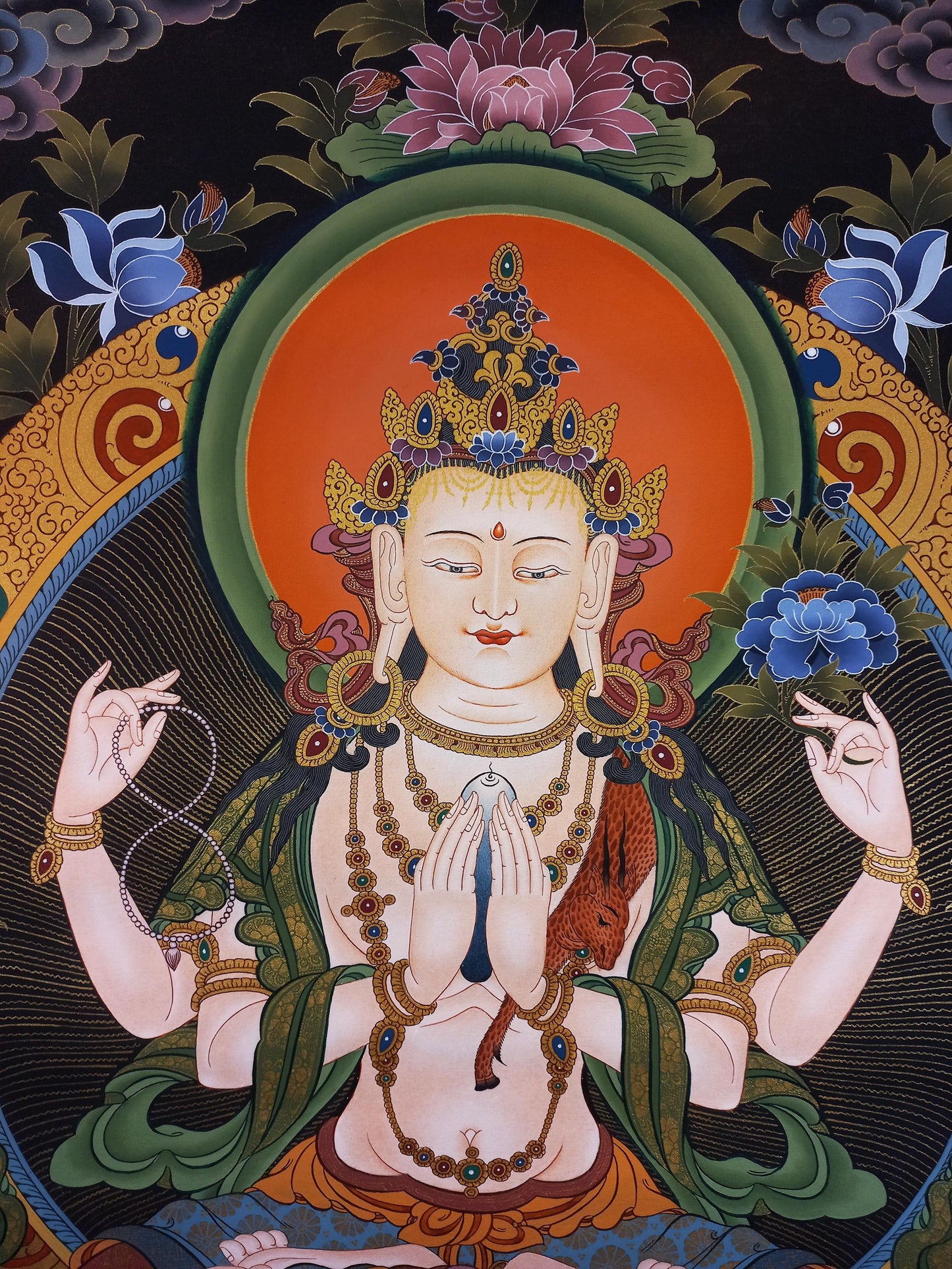 Four-Armed Chenrezig Thangka | Avalokiteshvara Bodhisattva of Compassion | Hand-Painted Tibetan Art | 24K Gold LARGE Painting