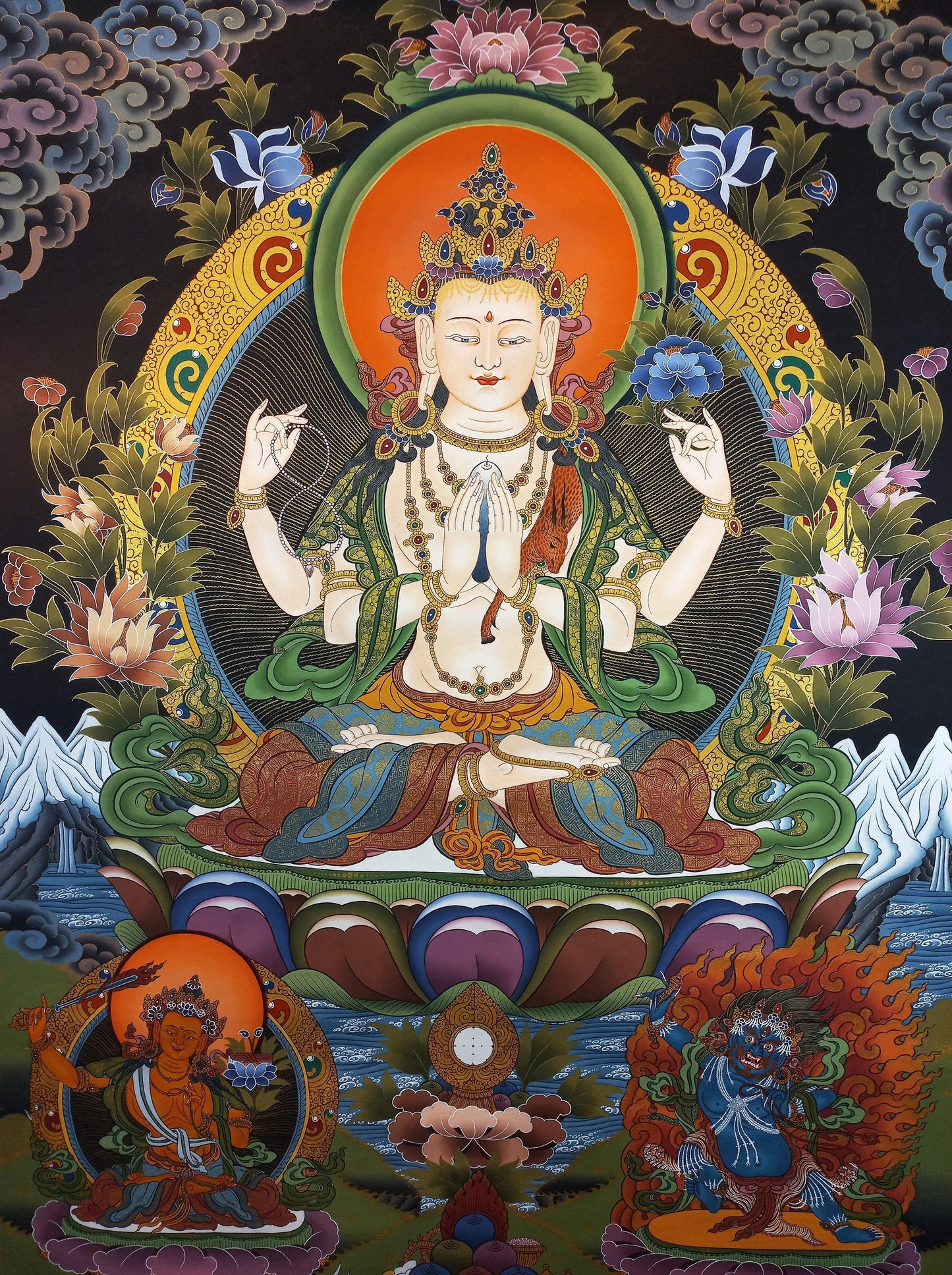 Four-Armed Chenrezig Thangka | Avalokiteshvara Bodhisattva of Compassion | Hand-Painted Tibetan Art | 24K Gold LARGE Painting