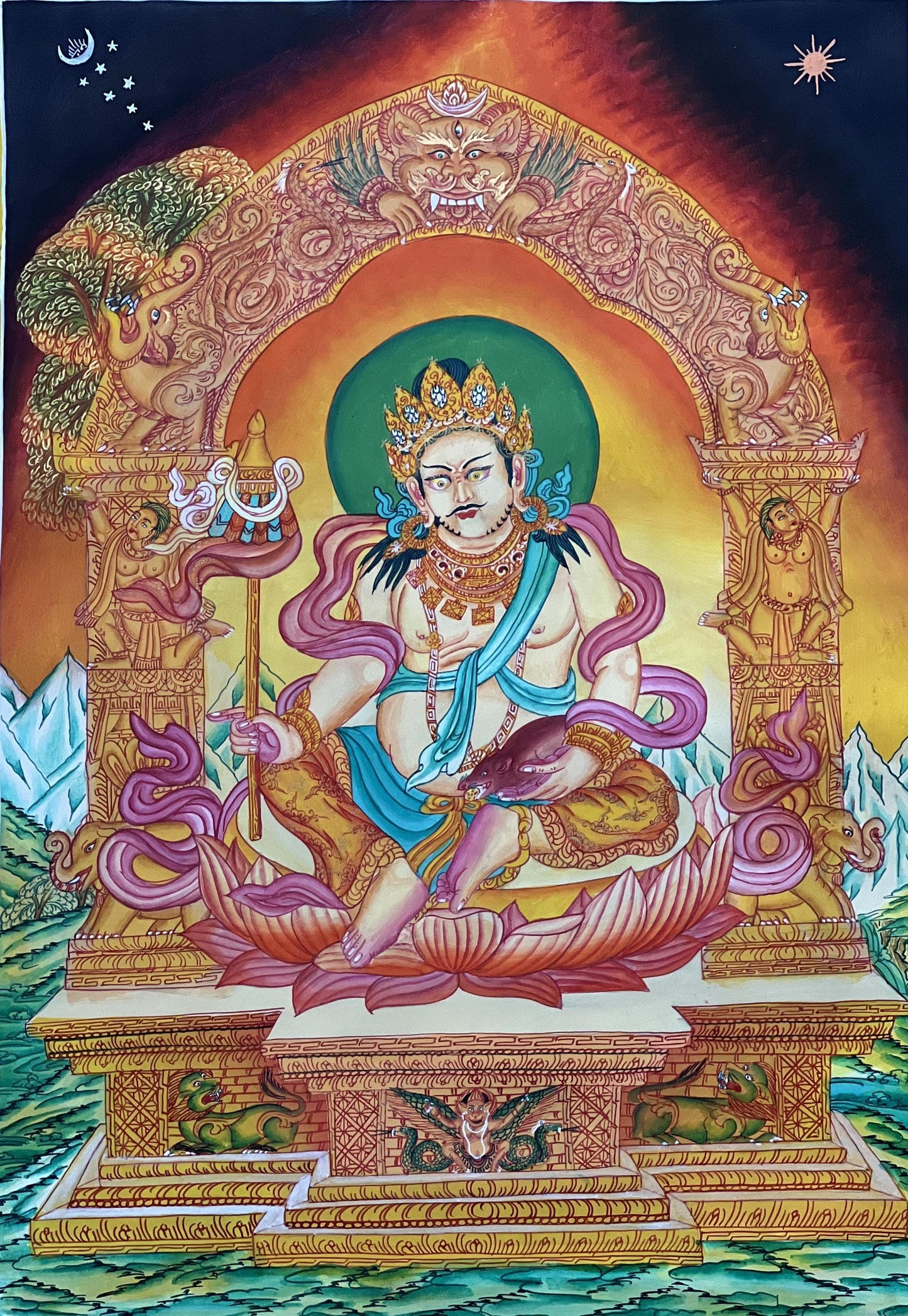 Hand-Painted Yellow Jambhala Kubera Newari Paubha Thangka | Buddhist Wealth Deity Art | Silk Brocade