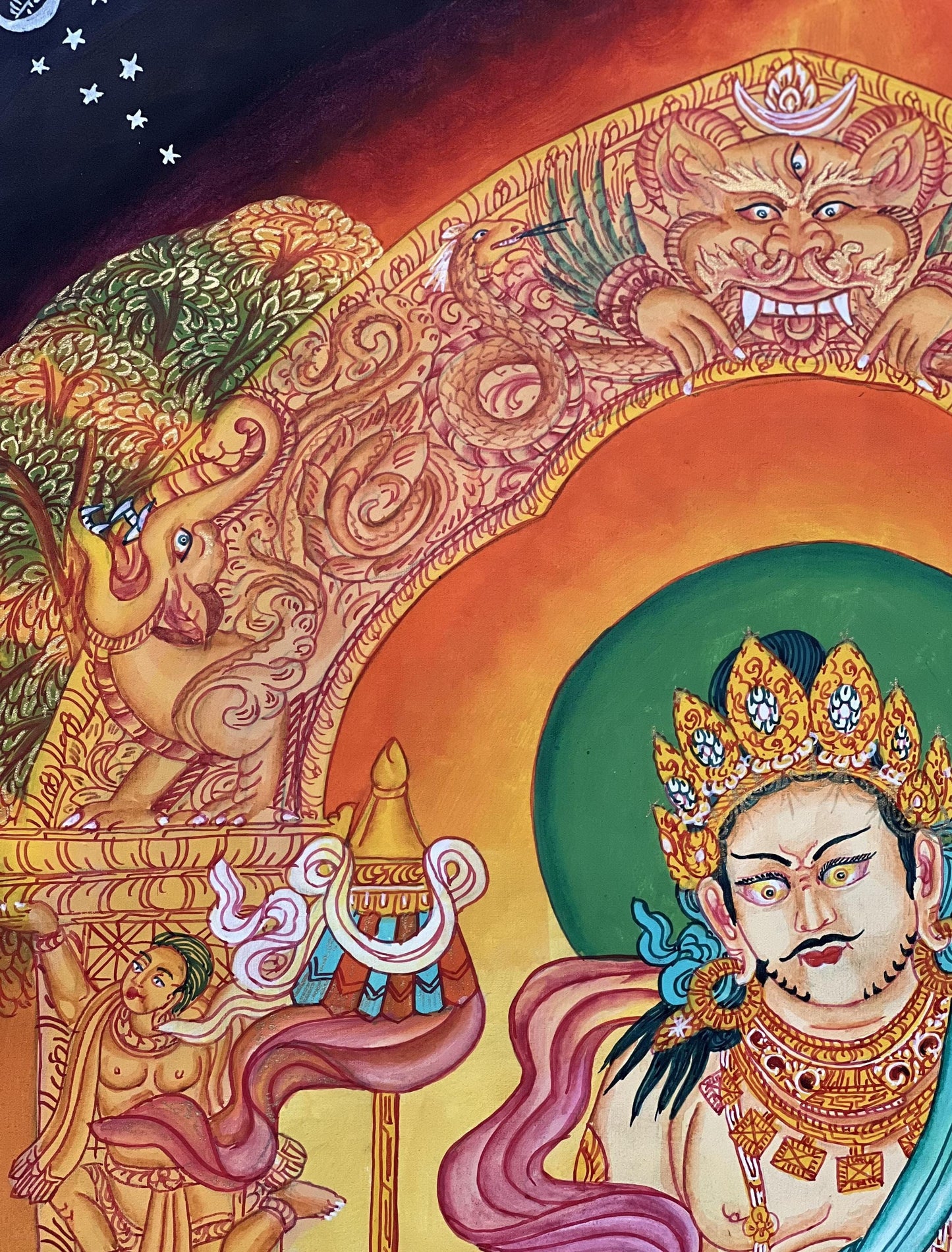 Hand-Painted Yellow Jambhala Kubera Newari Paubha Thangka | Buddhist Wealth Deity Art | Silk Brocade