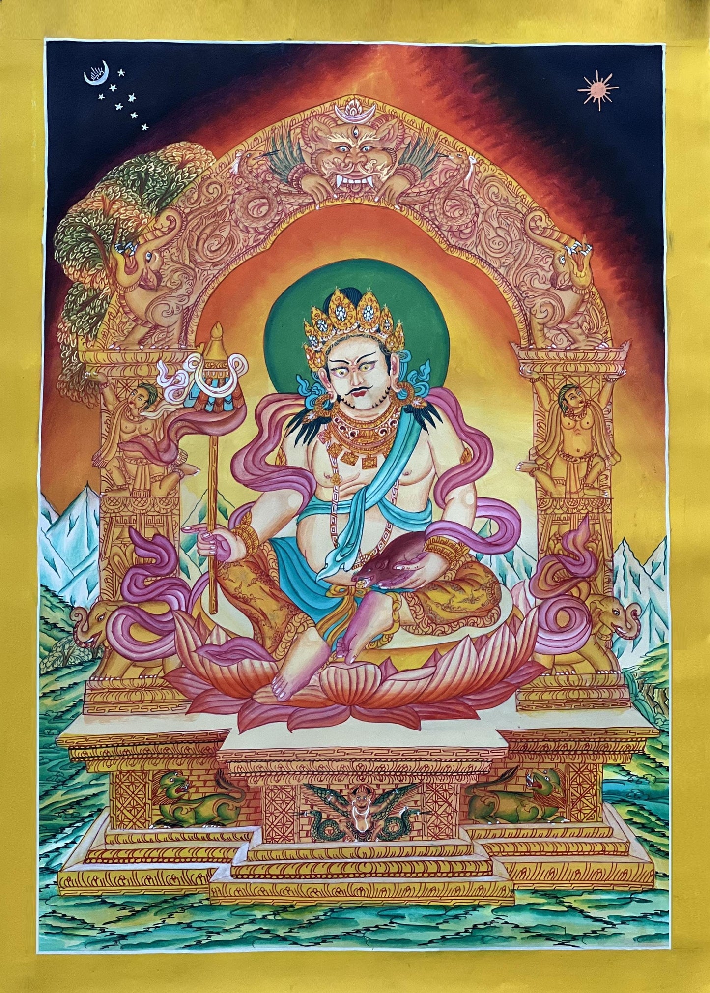 Hand-Painted Yellow Jambhala Kubera Newari Paubha Thangka | Buddhist Wealth Deity Art | Silk Brocade