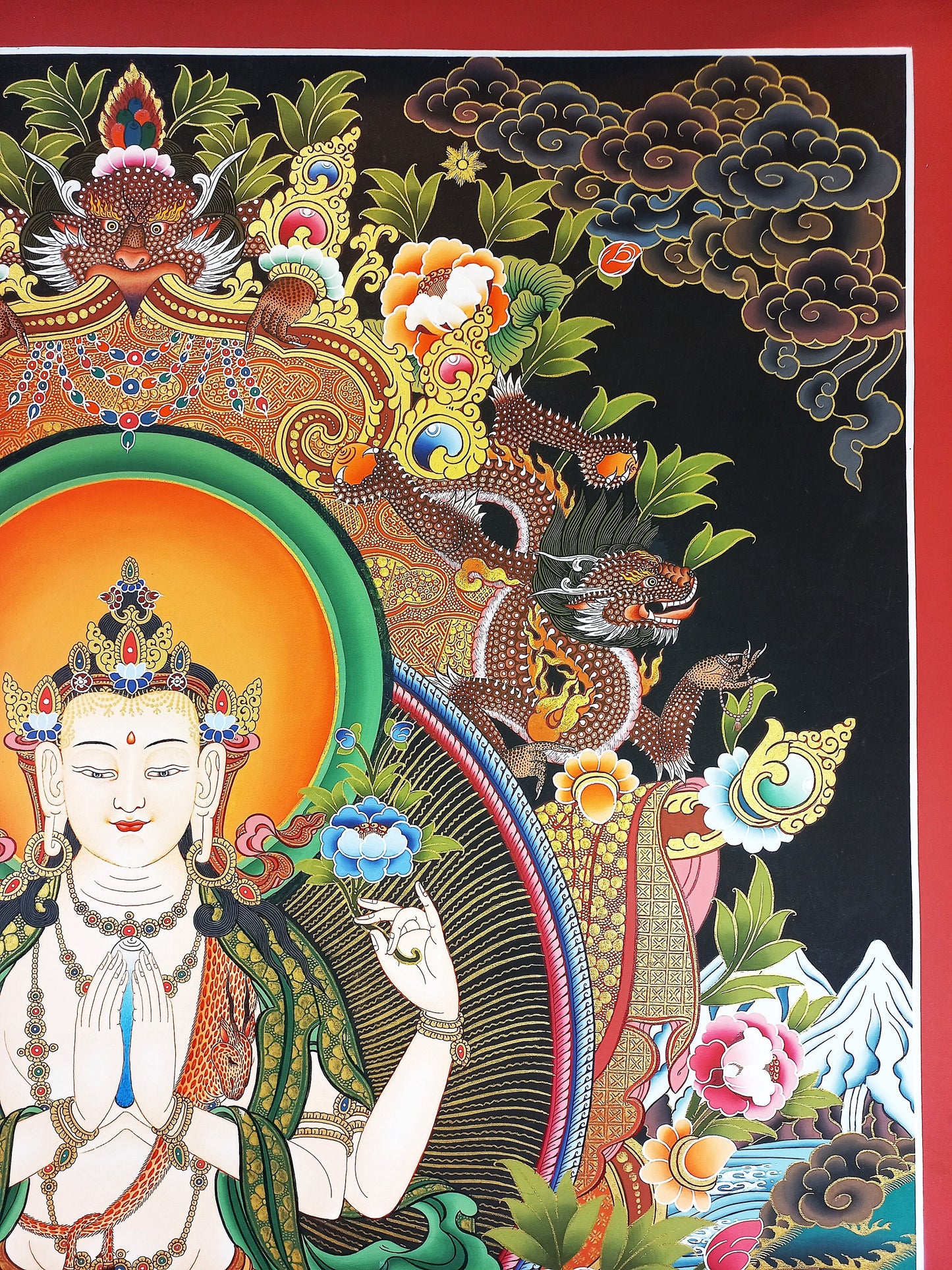 Hand Painted Chenrezig Large Thangka: Compassion Buddha, Tibetan Art