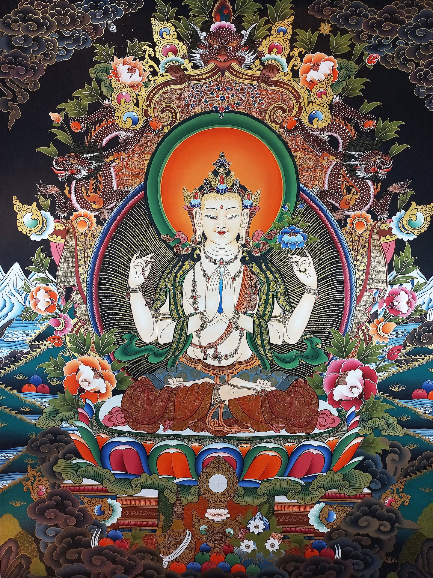 Hand Painted Chenrezig Large Thangka: Compassion Buddha, Tibetan Art