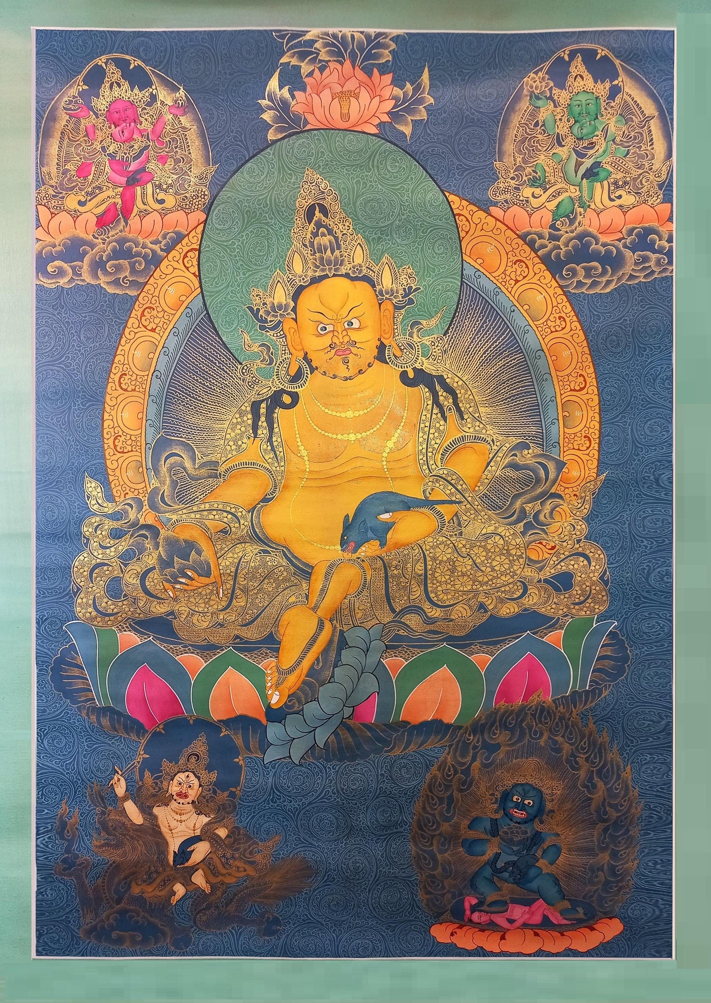 Hand Painted Pancha Jambhala Thangka Painting, God of Wealth Art