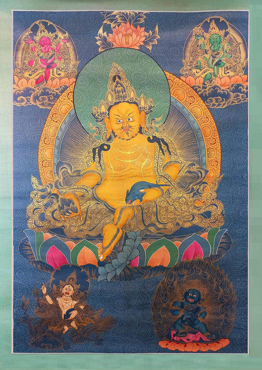 Hand Painted Pancha Jambhala Thangka Painting, God of Wealth Art
