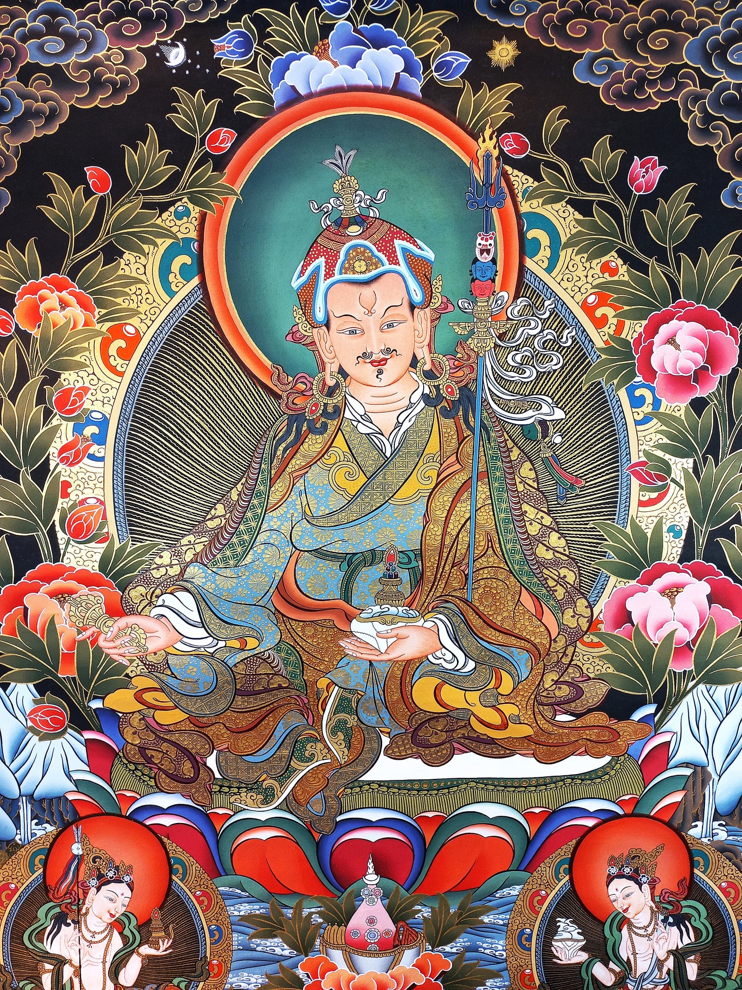 Hand-Painted Guru Rinpoche Thangka Painting: Gold Tibetan Art