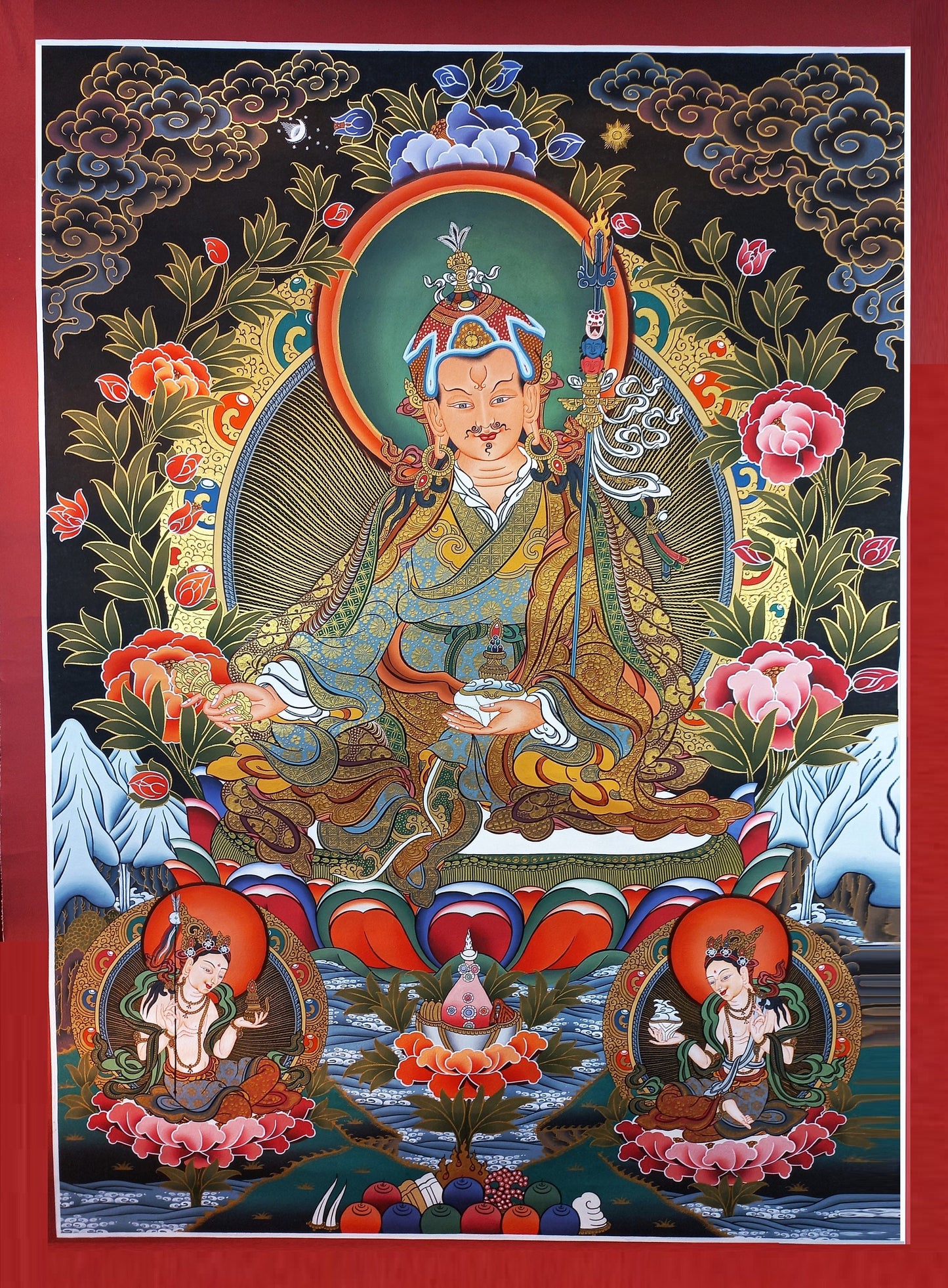 Hand-Painted Guru Rinpoche Thangka Painting: Gold Tibetan Art