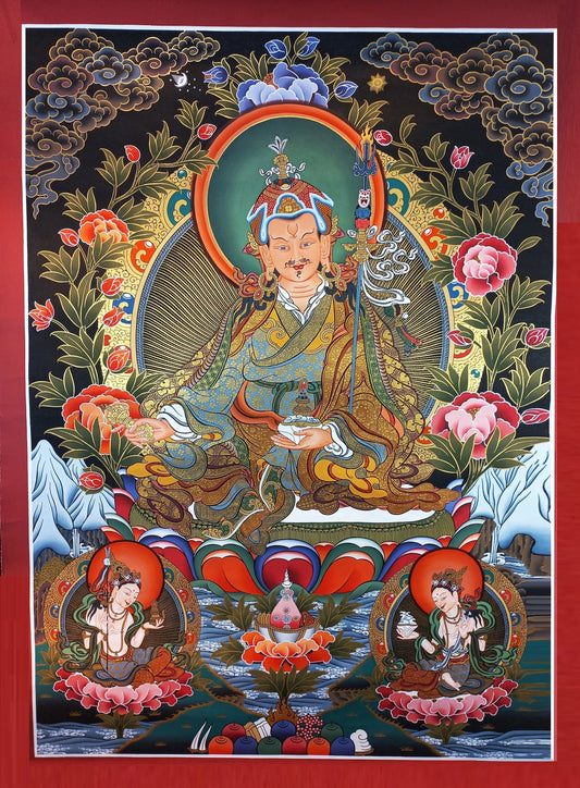 Hand-Painted Guru Rinpoche Thangka Painting: Gold Tibetan Art