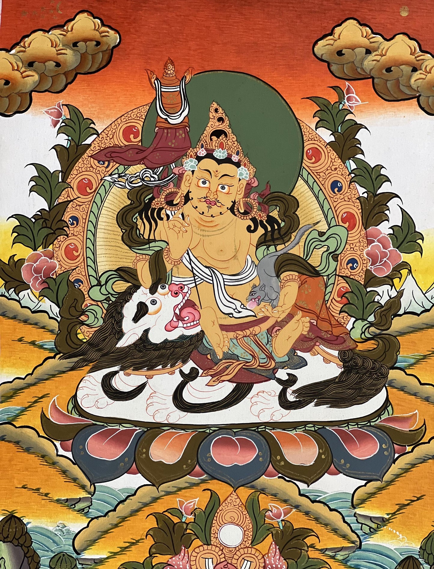 Singha Jambhala Thangka | Hand-Painted Tibetan Wealth Art with Silk Brocade