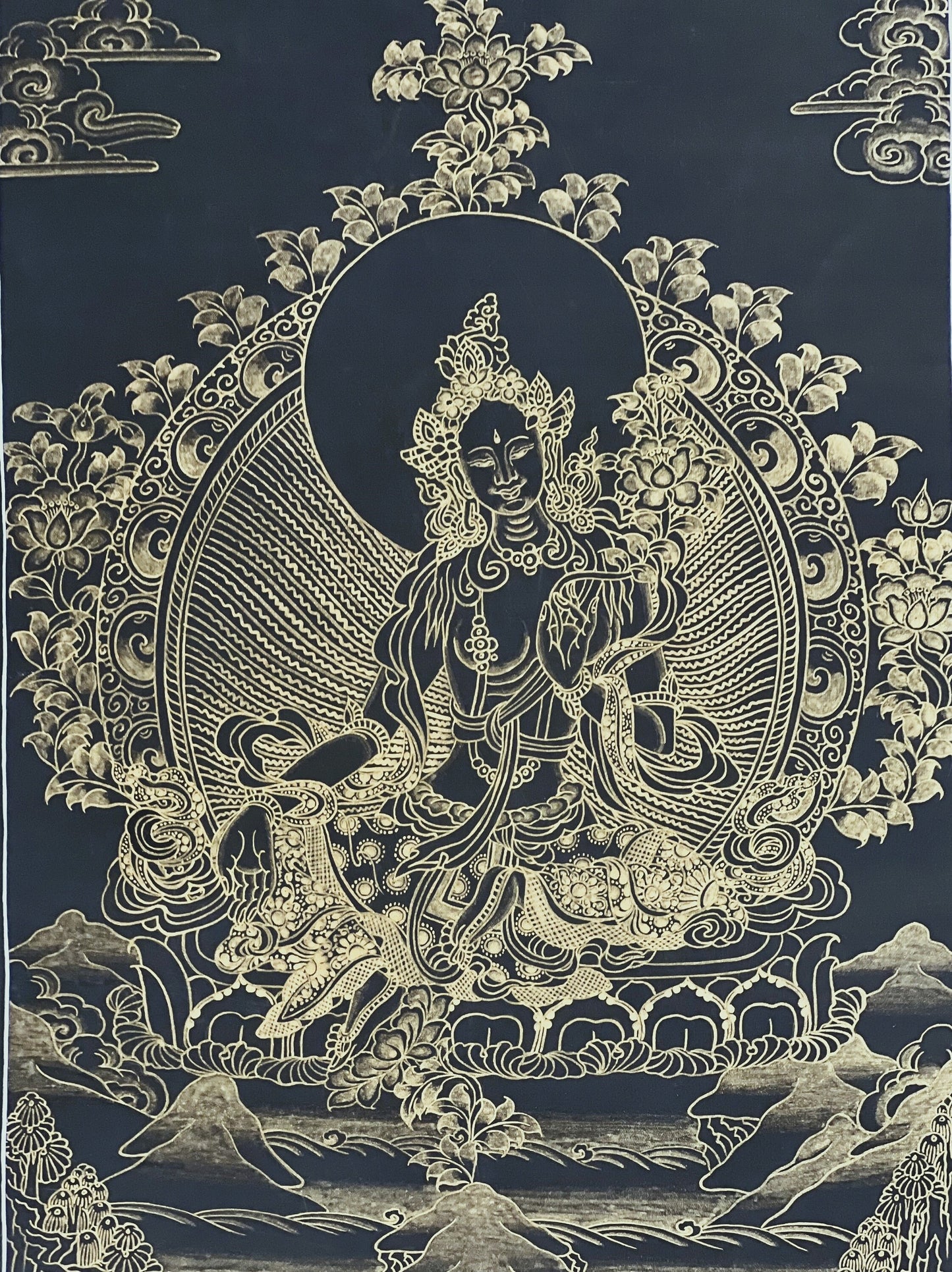 Green Tara Tibetan Thangka Black Gold | Hand-Painted Buddhist Goddess Art | Compassion Healing Decor