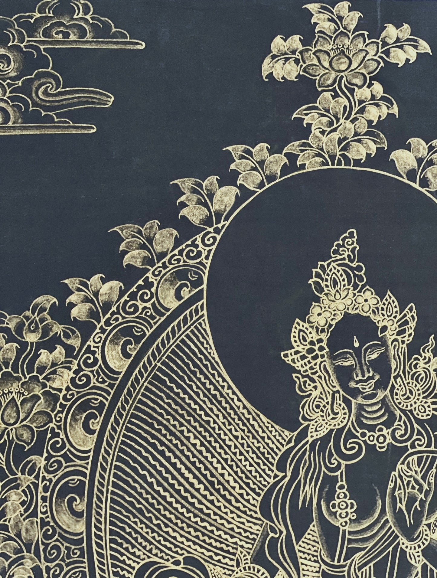 Green Tara Tibetan Thangka Black Gold | Hand-Painted Buddhist Goddess Art | Compassion Healing Decor