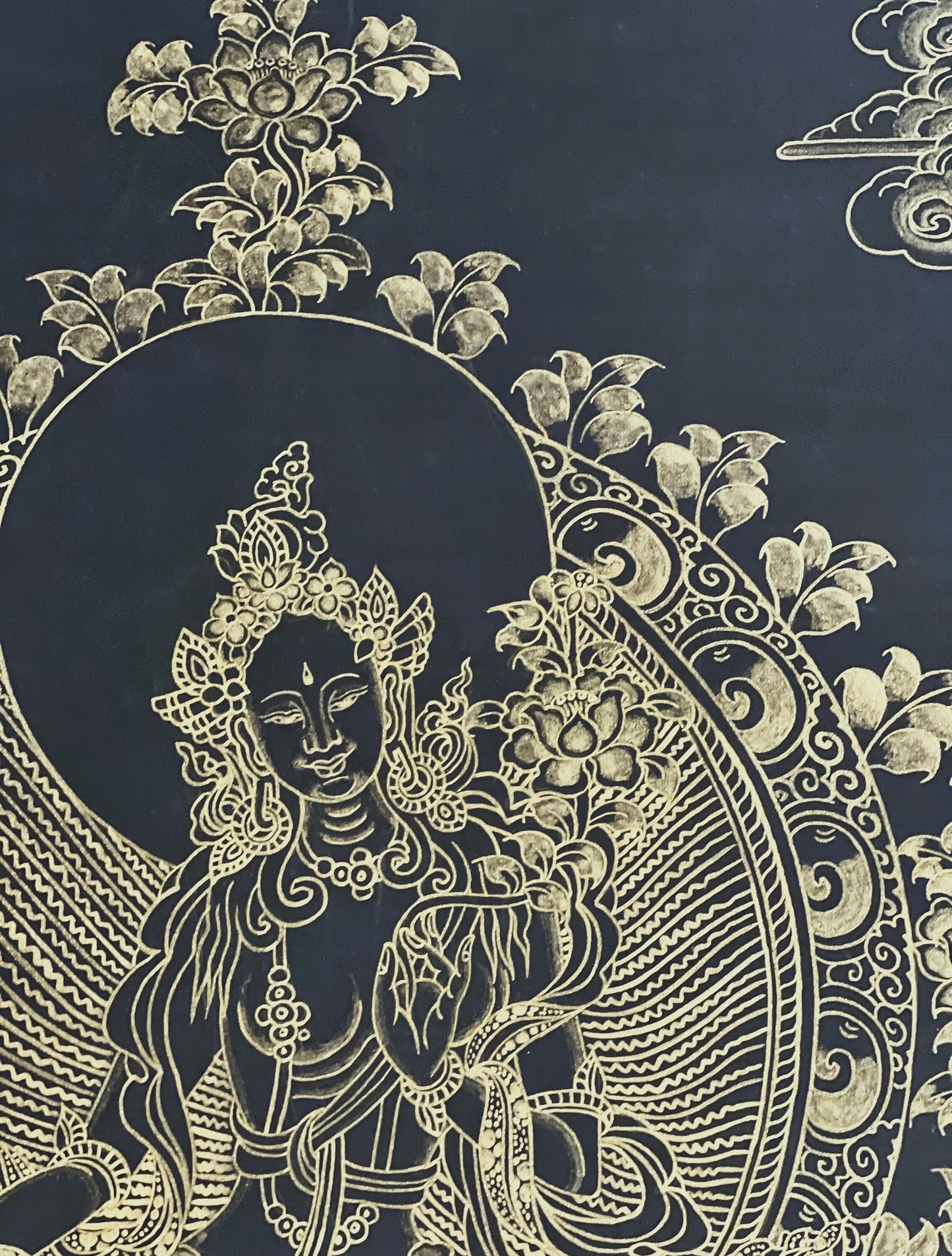 Green Tara Tibetan Thangka Black Gold | Hand-Painted Buddhist Goddess Art | Compassion Healing Decor