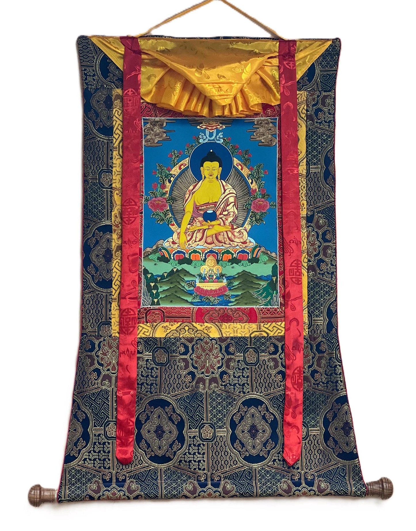 Hand-Painted Shakyamuni Buddha Thangka with Silk Frame