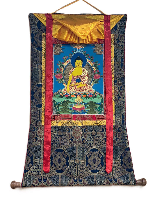 Hand-Painted Shakyamuni Buddha Thangka with Silk Frame