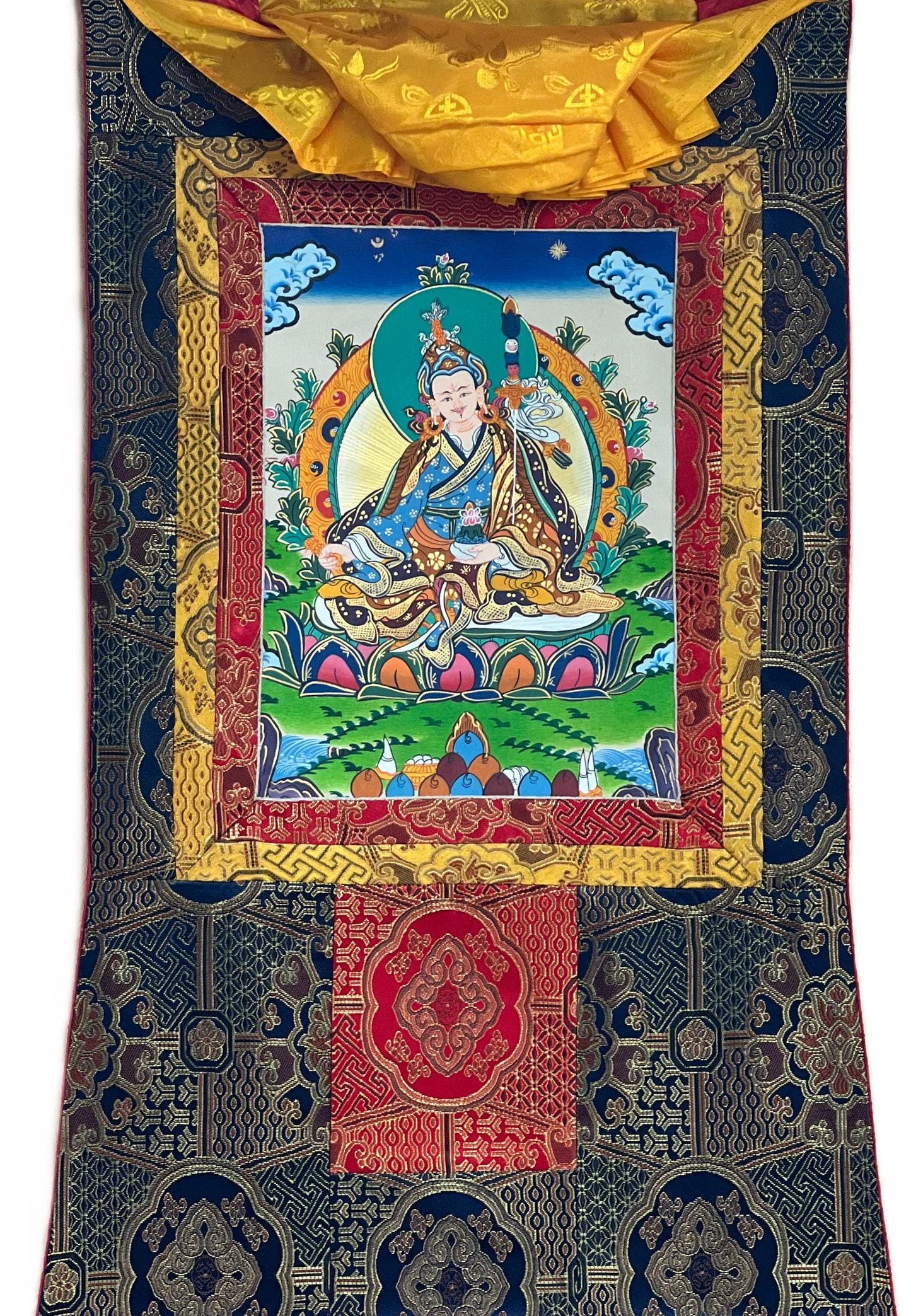 Hand-painted Padmasambhava Thangka – Tibetan Buddhist Art with Silk Brocade