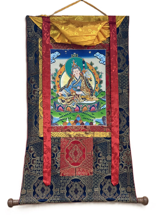 Hand-painted Padmasambhava Thangka – Tibetan Buddhist Art with Silk Brocade