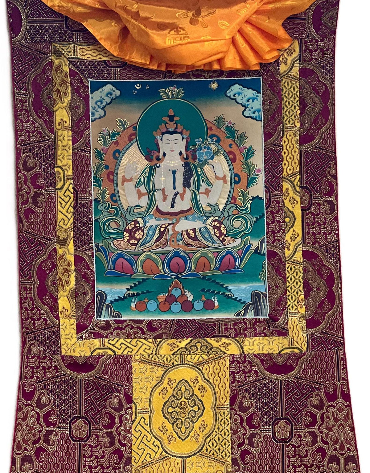 Handmade Avalokiteshvara Thangka Painting with Silk Brocade