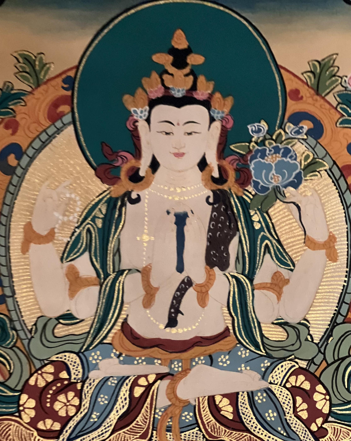 Handmade Avalokiteshvara Thangka Painting with Silk Brocade