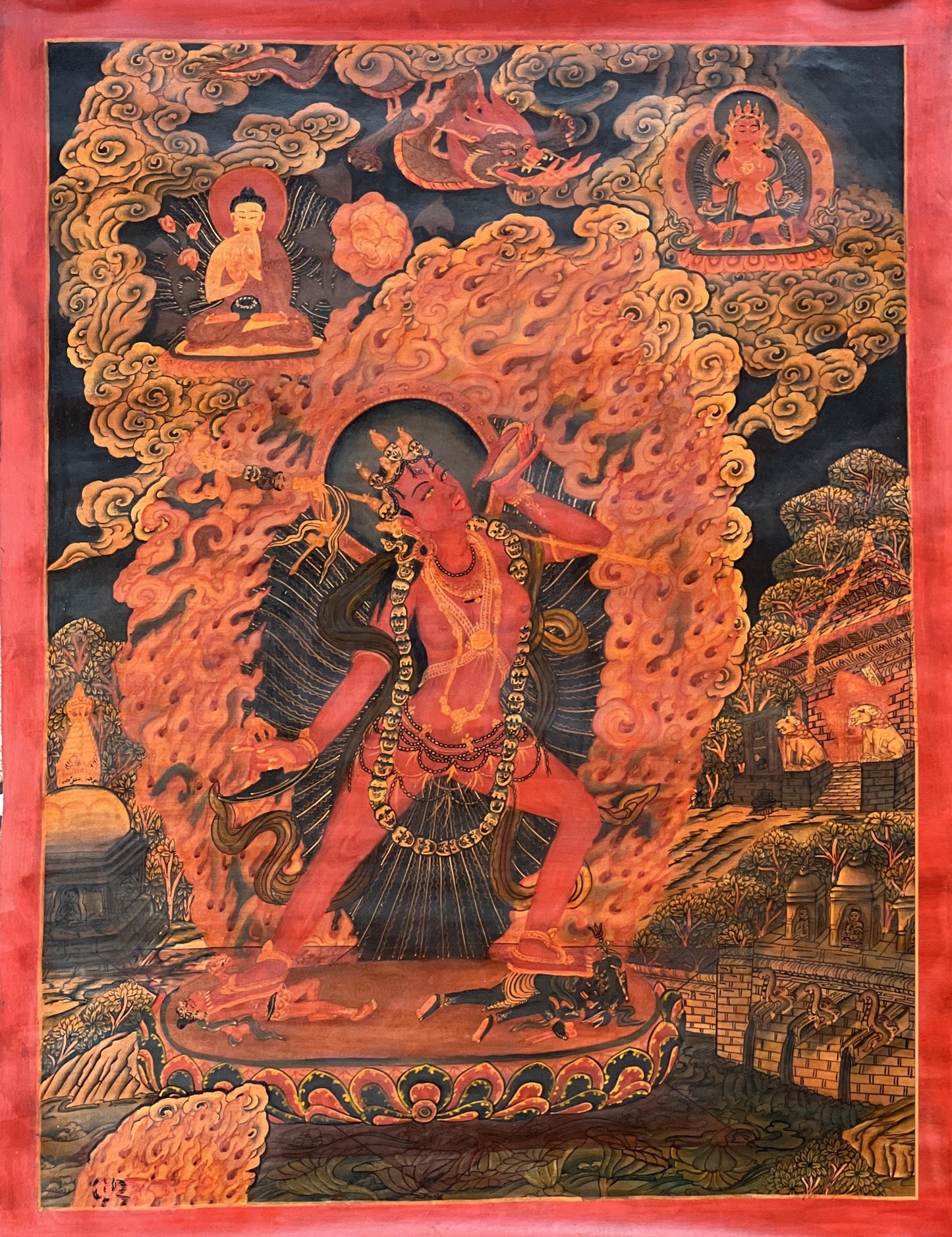 Vajrayogini Oil Varnished Thangka Painting: Newari Paubha, Tantric Buddhist Art