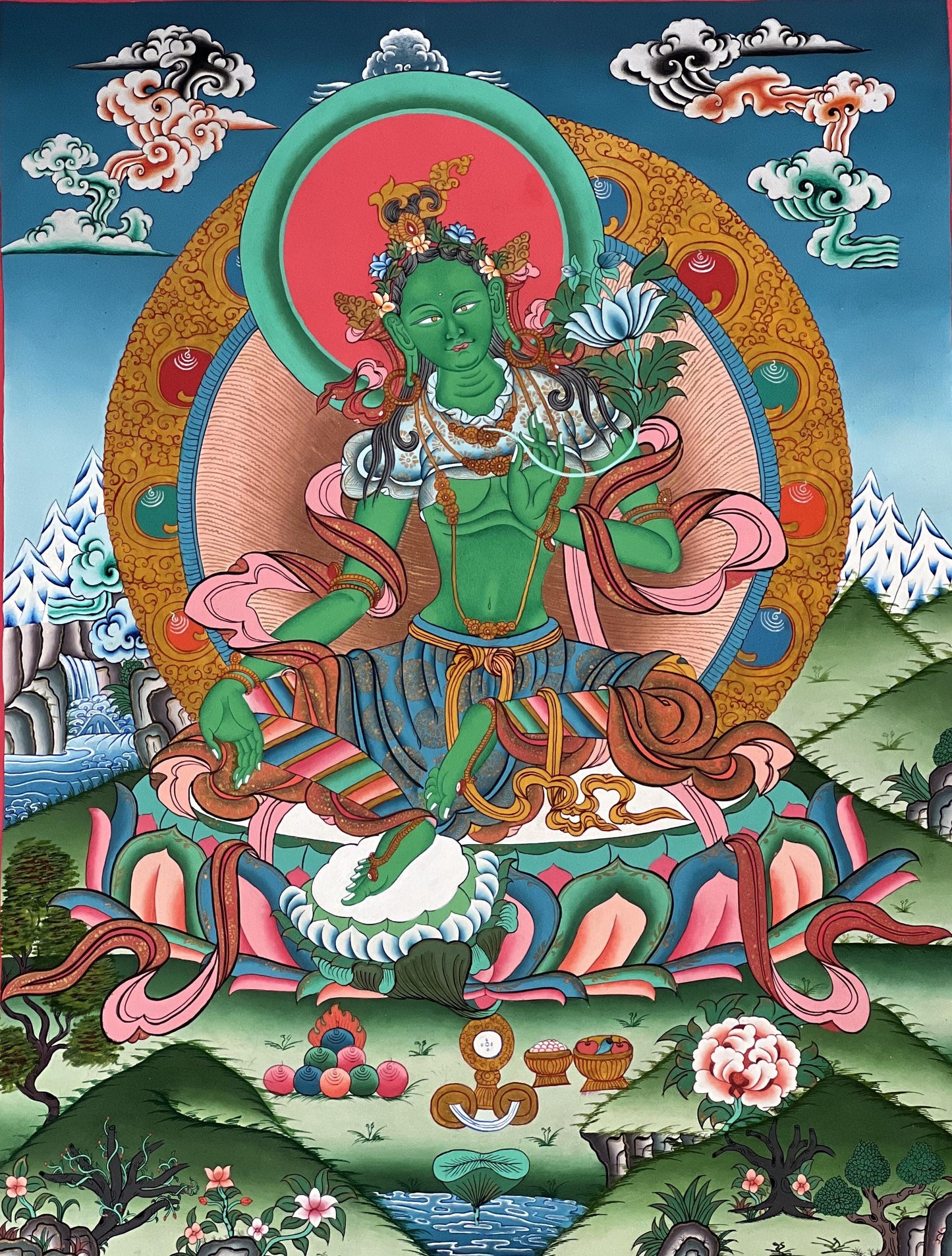 Green Tara Thangka Painting: Hand-Painted Tibetan Buddhist Art