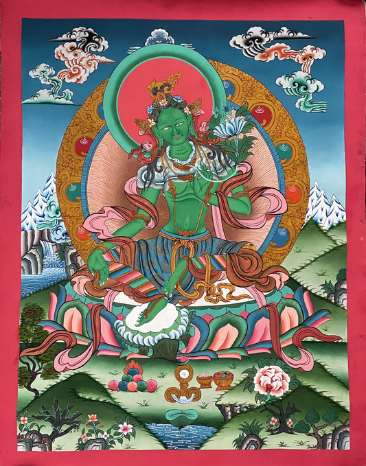 Green Tara Thangka Painting: Hand-Painted Tibetan Buddhist Art