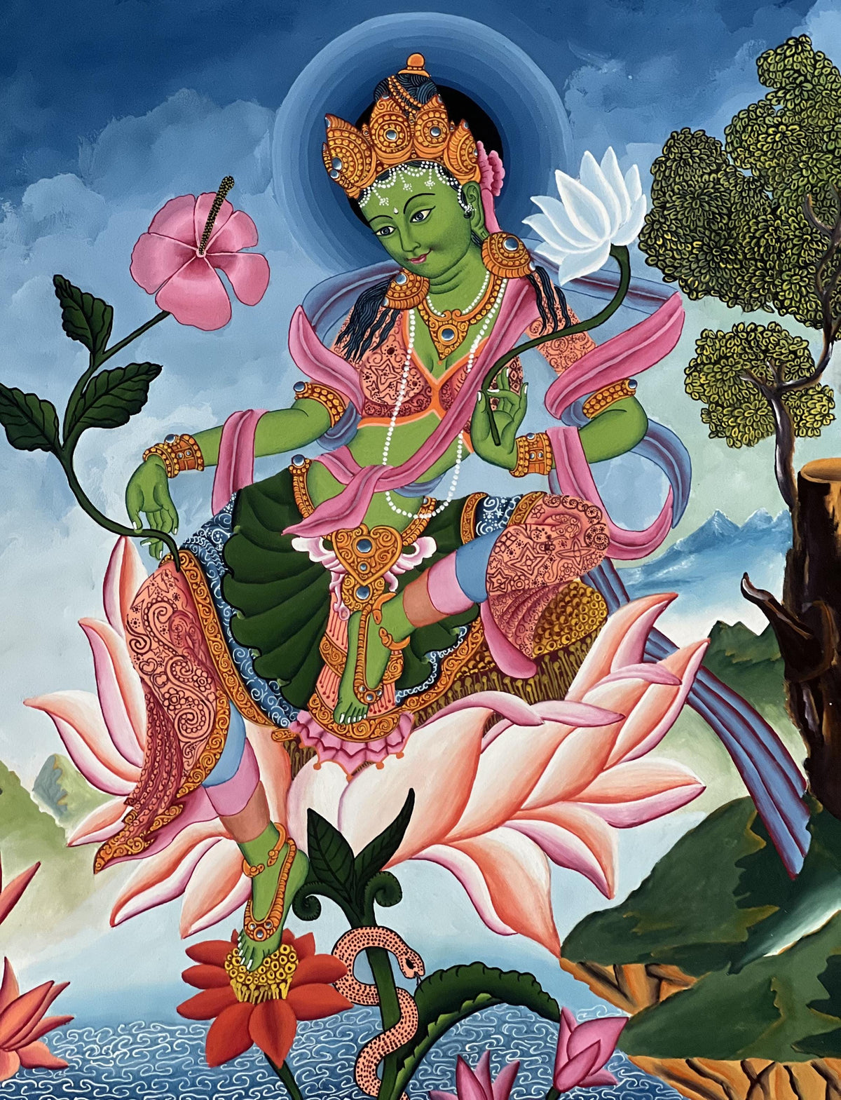 Green Tara Thangka Painting, Newari Paubha, Silk Brocade